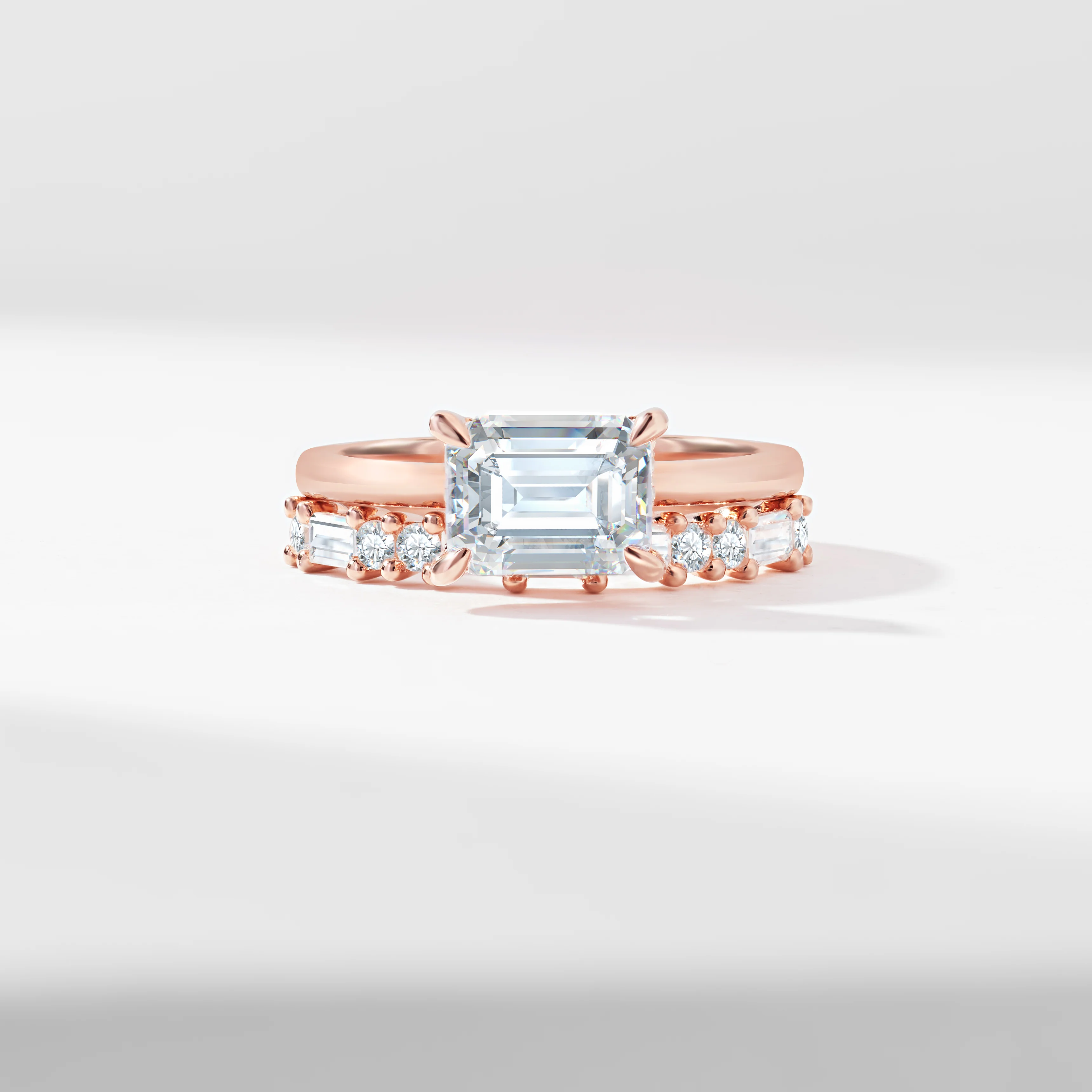 1.75ct East West Emerald Cut Lab Diamond Solitaire With Baguette And Round Brilliant Diamond Bridal Set 2.40tdw - Image 5