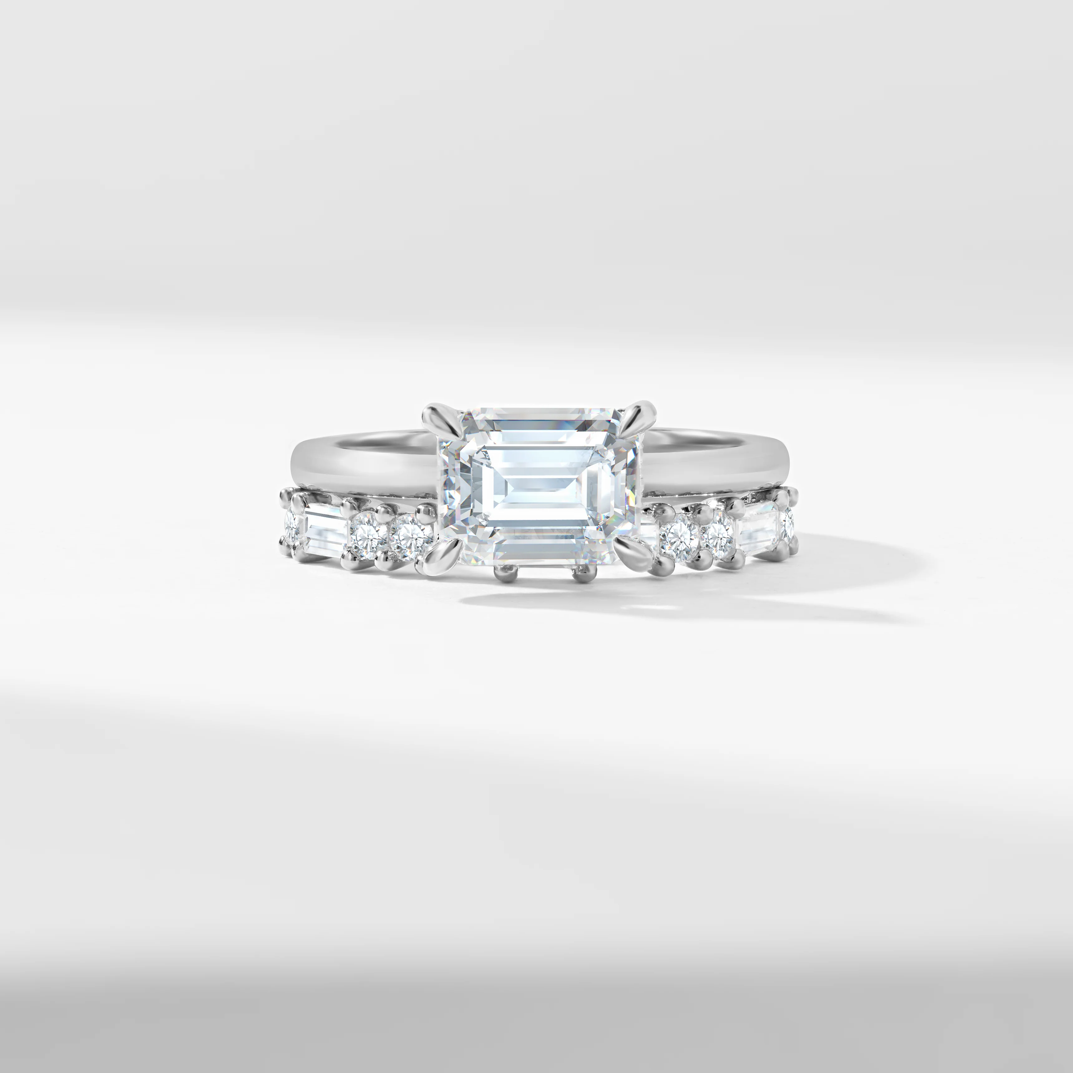 1.75ct East West Emerald Cut Lab Diamond Solitaire With Baguette And Round Brilliant Diamond Bridal Set 2.40tdw - Image 6