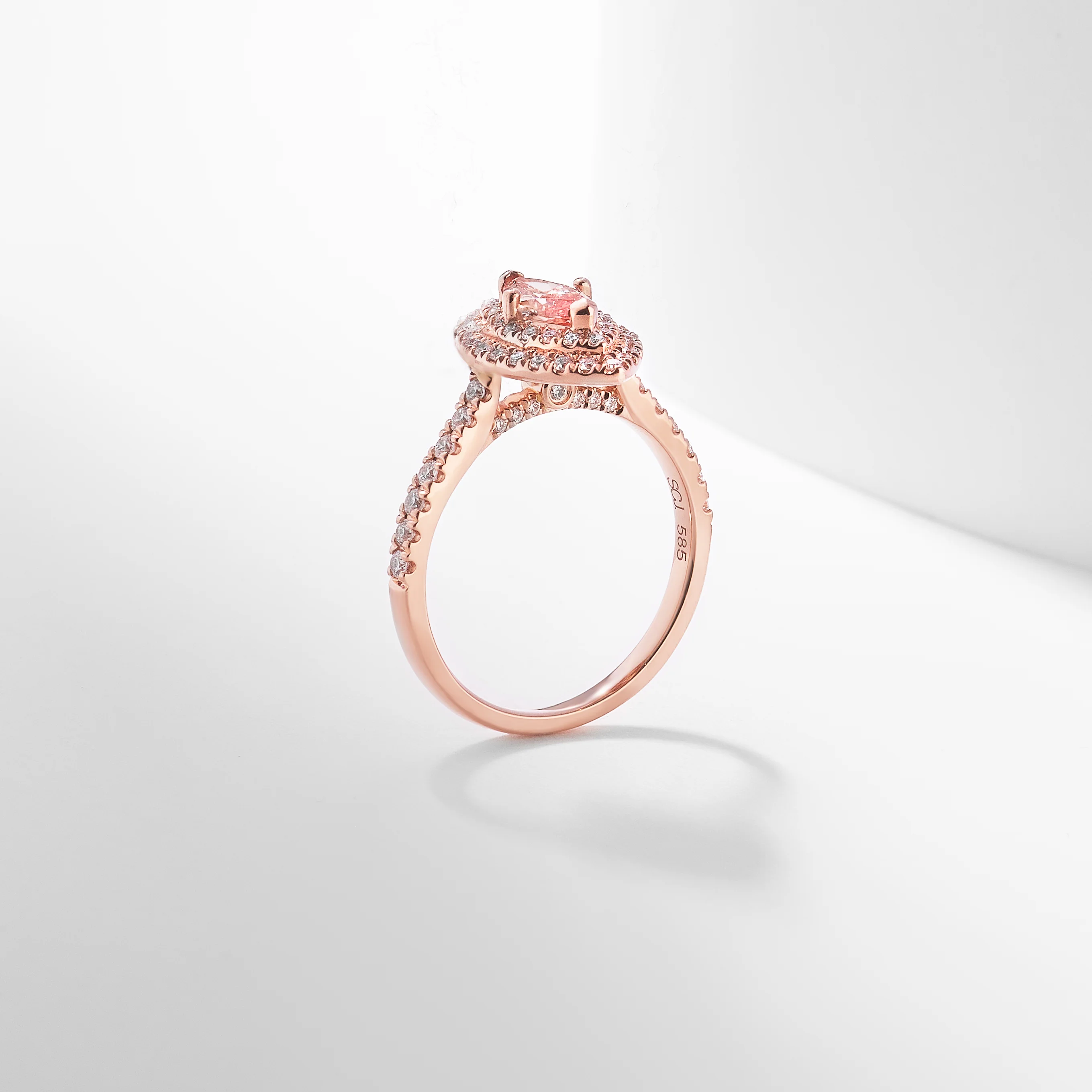 14K Rose Gold 1.08tdw Marquise Pink Lab Diamond Centre With Double Halo And Claw Set Shoulders Ring - Image 3