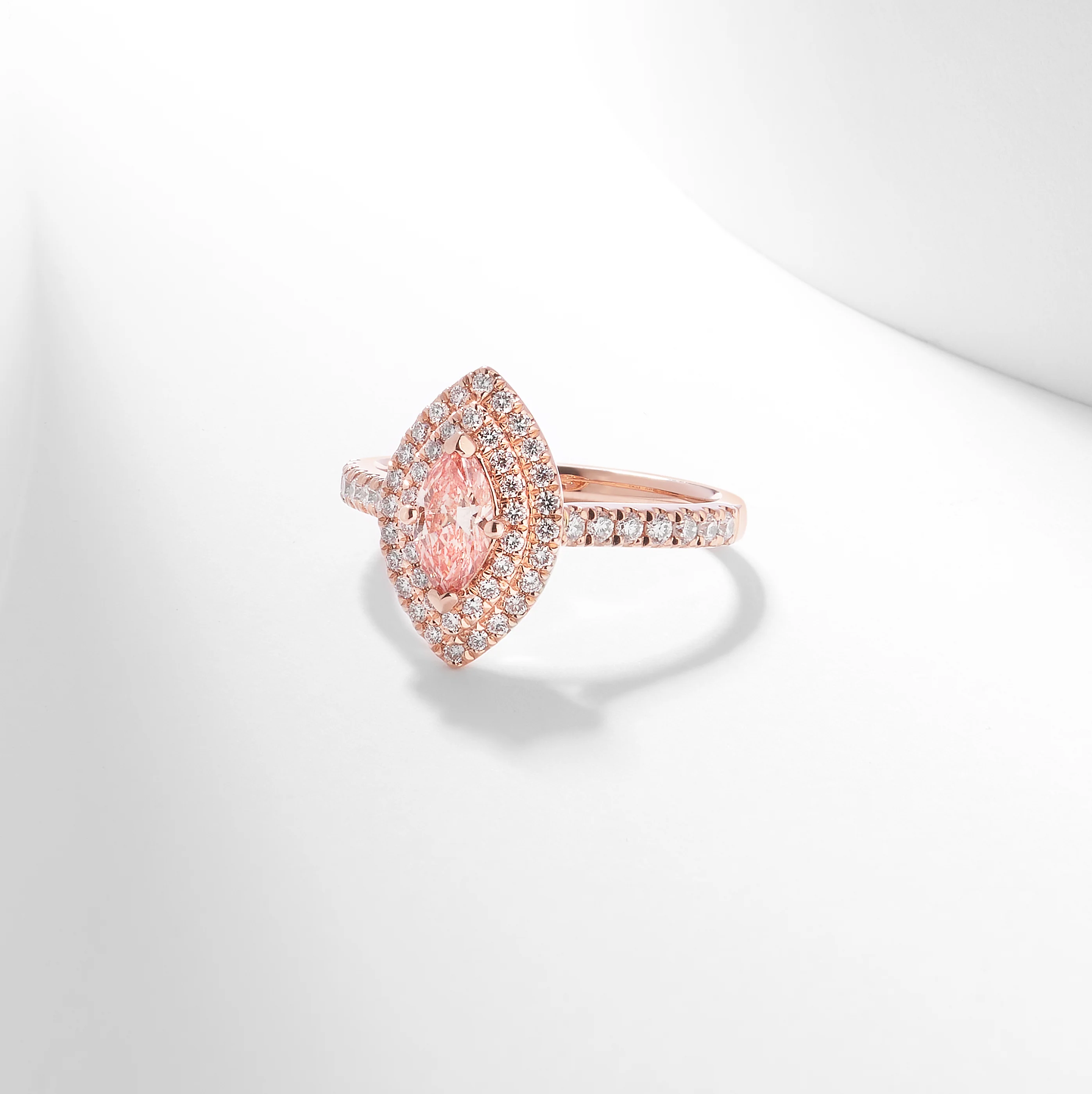 14K Rose Gold 1.08tdw Marquise Pink Lab Diamond Centre With Double Halo And Claw Set Shoulders Ring - Image 5
