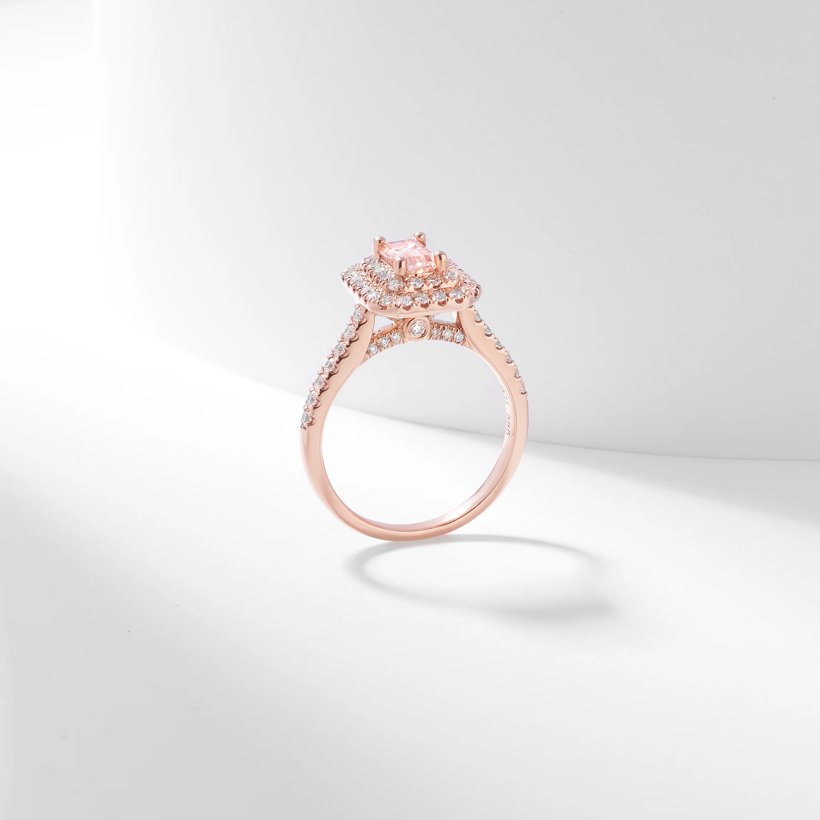 14K Rose Gold 1.38tdw Emerald Cut Pink Lab Diamond Centre With Double Halo And Claw Set Shoulders Ring - Image 3