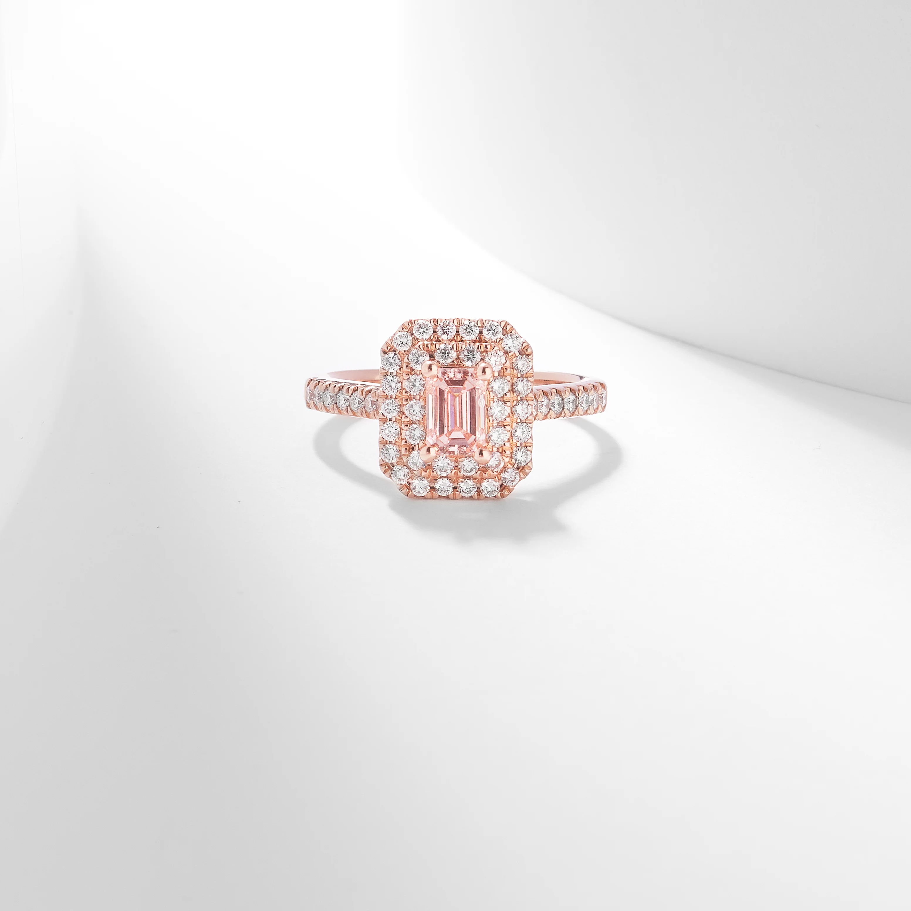 14K Rose Gold 1.38tdw Emerald Cut Pink Lab Diamond Centre With Double Halo And Claw Set Shoulders Ring - Image 5