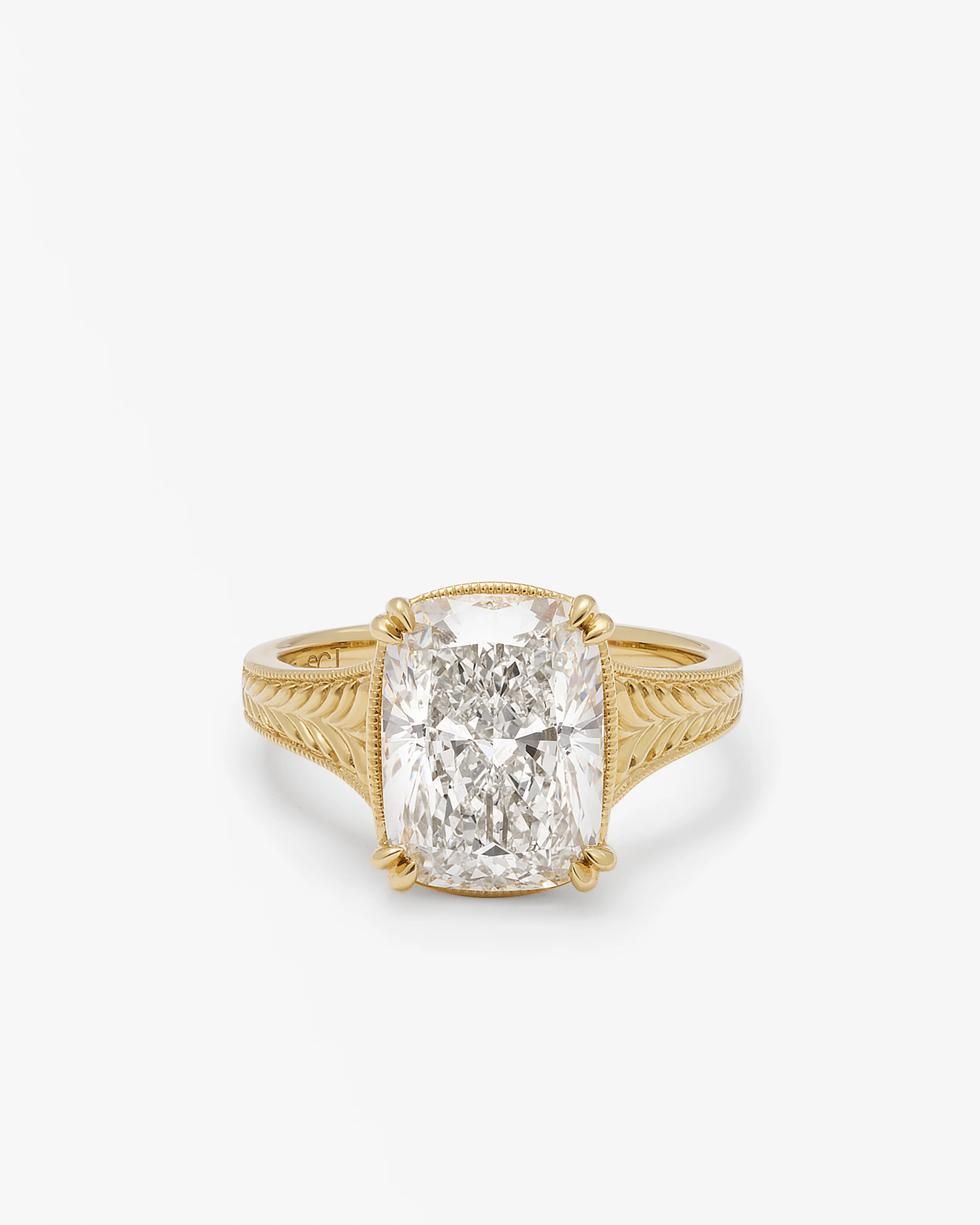 14K Yellow Gold 5ct Elongated Cushion Lab Diamond With Double Claws Milgrain Gallery Rail And Engraved Tapered Shoulders Ring - Image 3