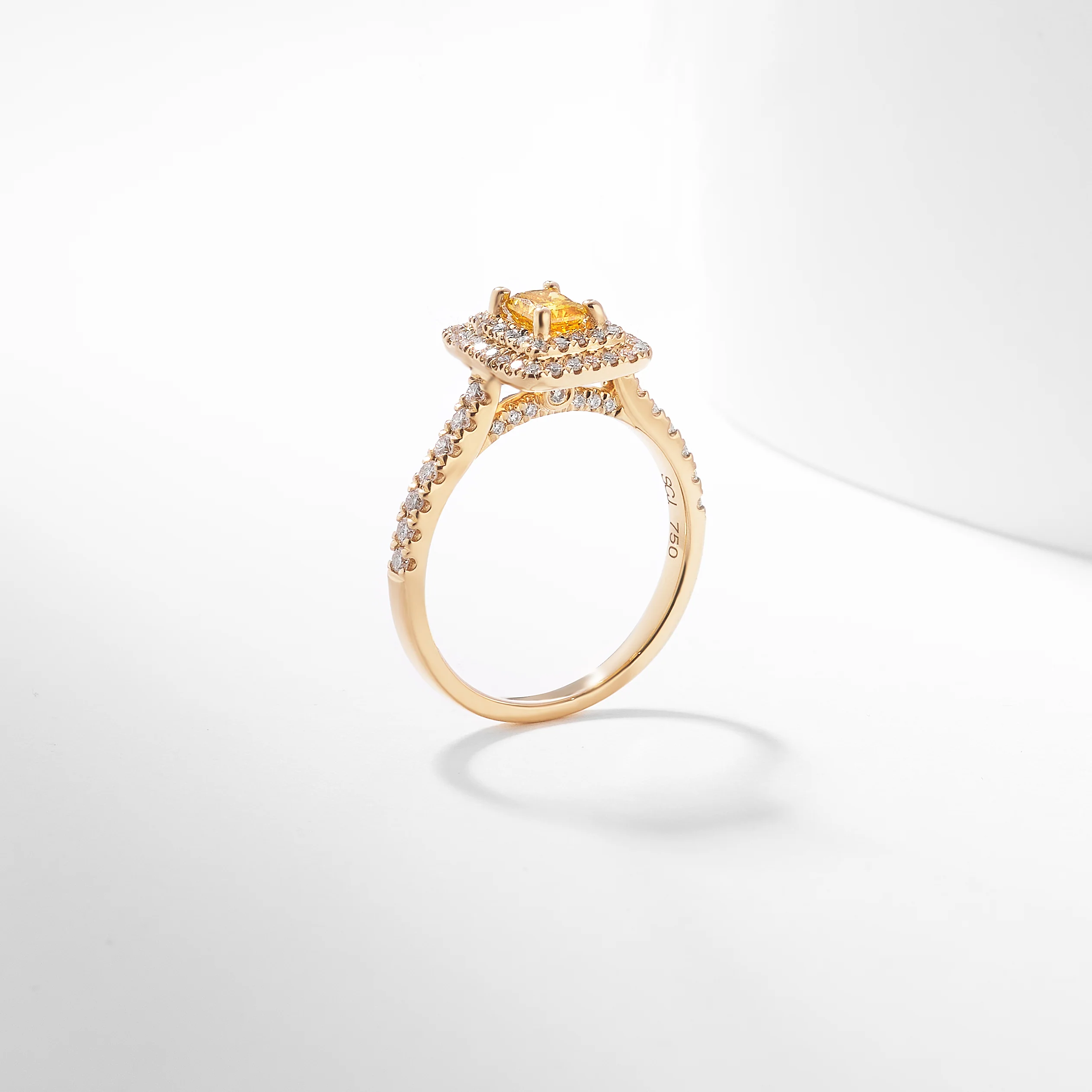 18K Yellow Gold 0.95tdw Radiant Yellow Lab Diamond Centre With Double Halo And Claw Set Shoulders Diamond Ring - Image 3