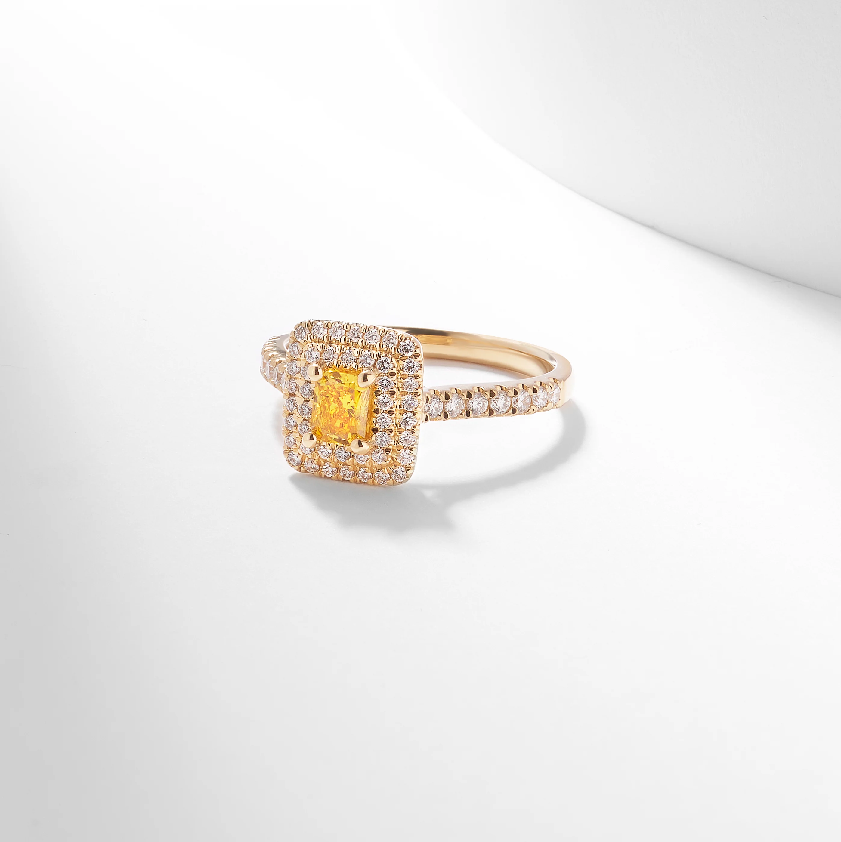 18K Yellow Gold 0.95tdw Radiant Yellow Lab Diamond Centre With Double Halo And Claw Set Shoulders Diamond Ring - Image 5