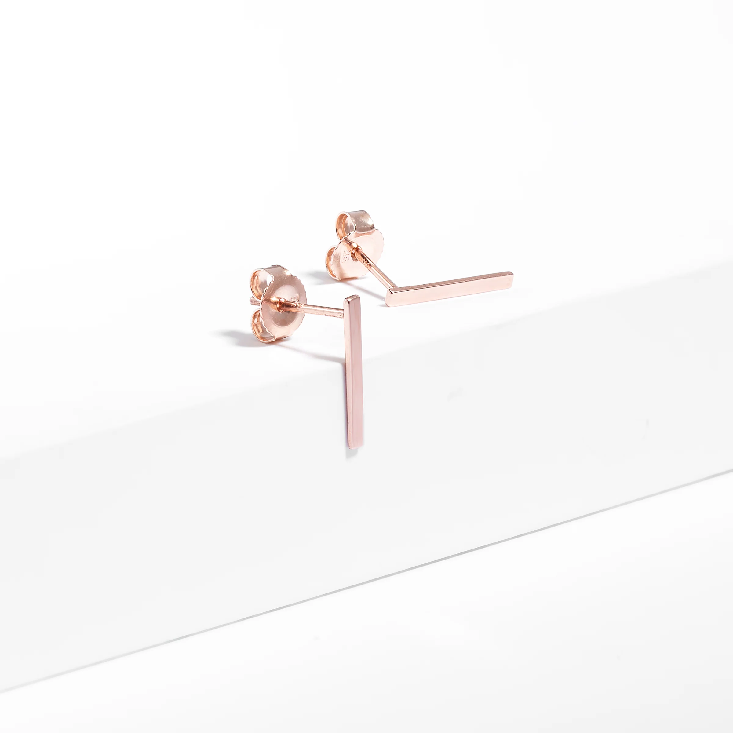 9K Rose Gold Long Bar Stud Earrings 11mm - Image 2