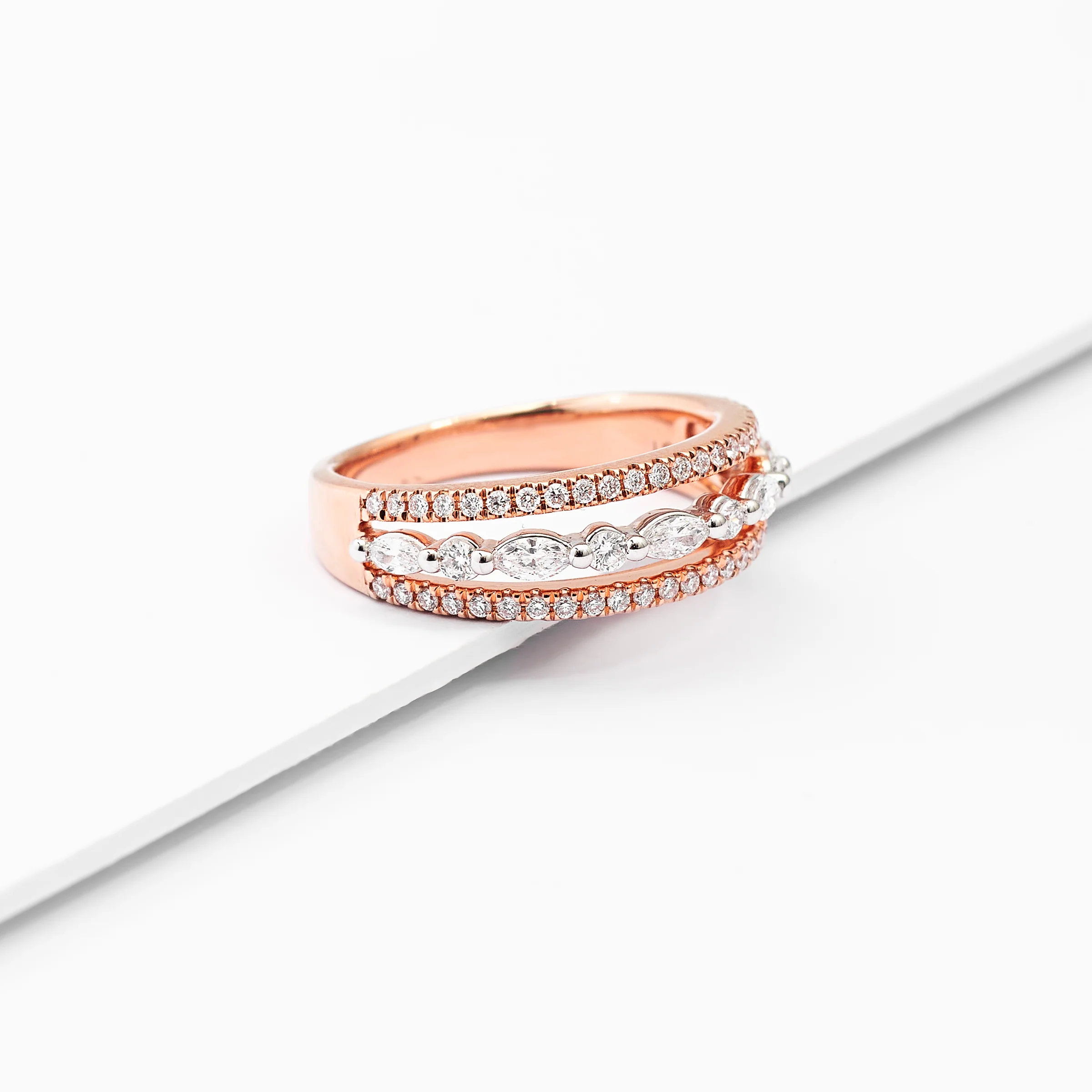9K Rose Gold Marquise And Round Brilliant Lab Diamond Floating Centre 3 Row Band Ring 0.70tdw - Image 3