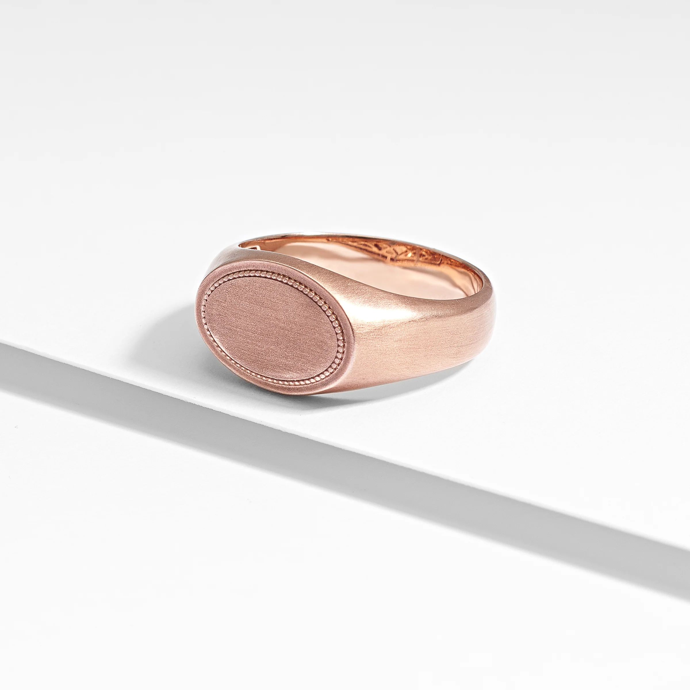9K Rose Gold Oval Flat Top Beaded Signet Ring - Image 3