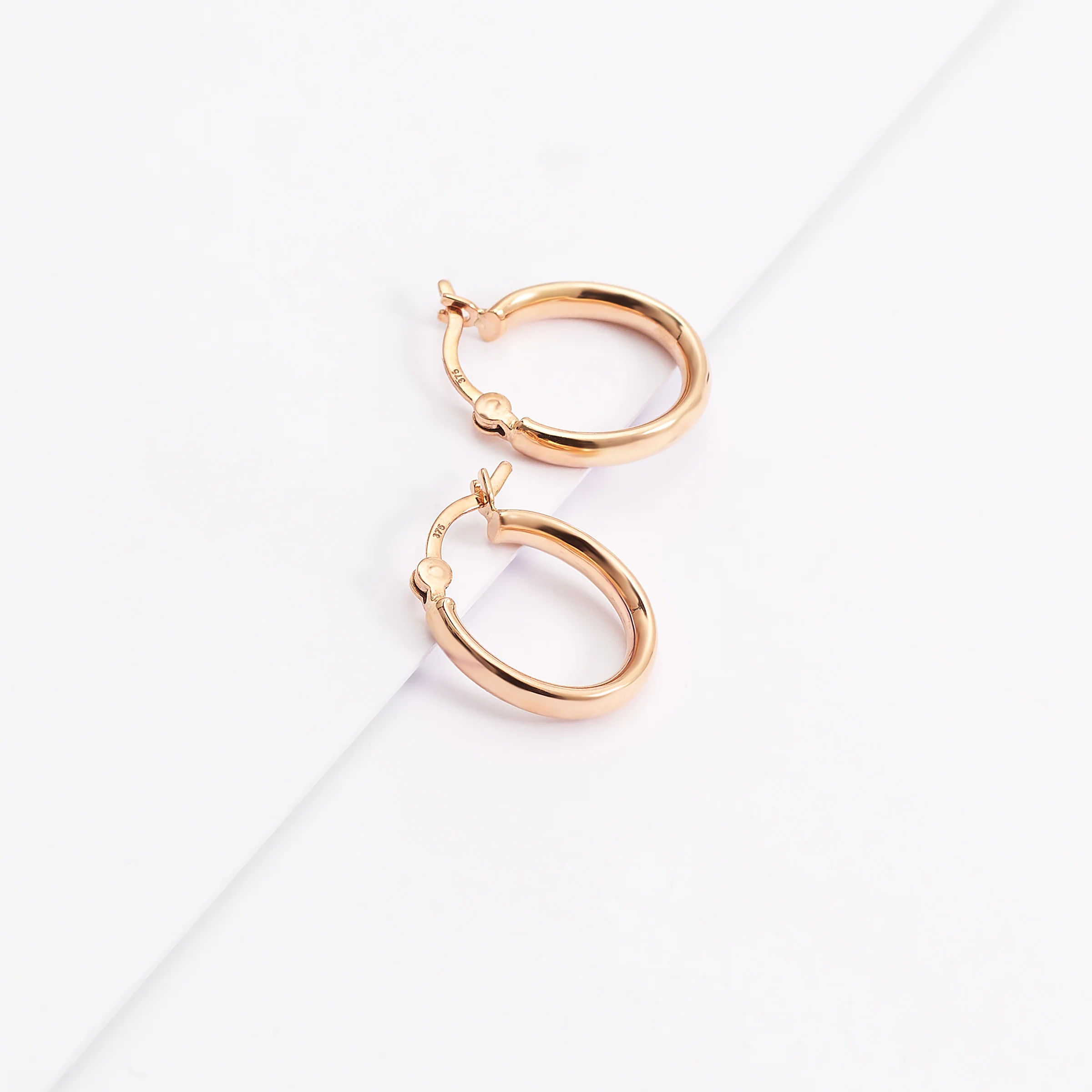 9K Rose Gold Oval Half Round Hoop Earrings 10x8mm - Image 3
