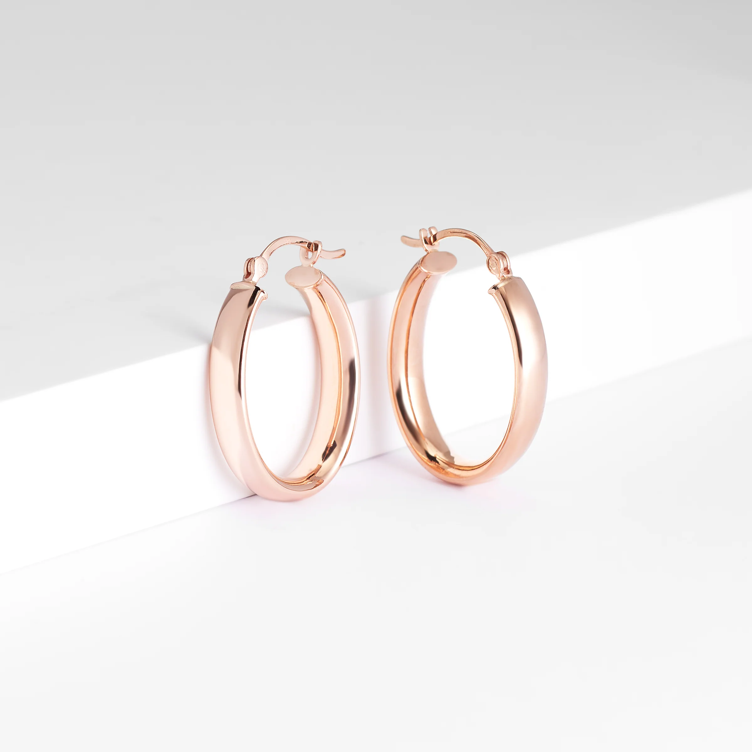 9K Rose Gold Oval Half Round Hoop Earrings 20x14mm - Image 2