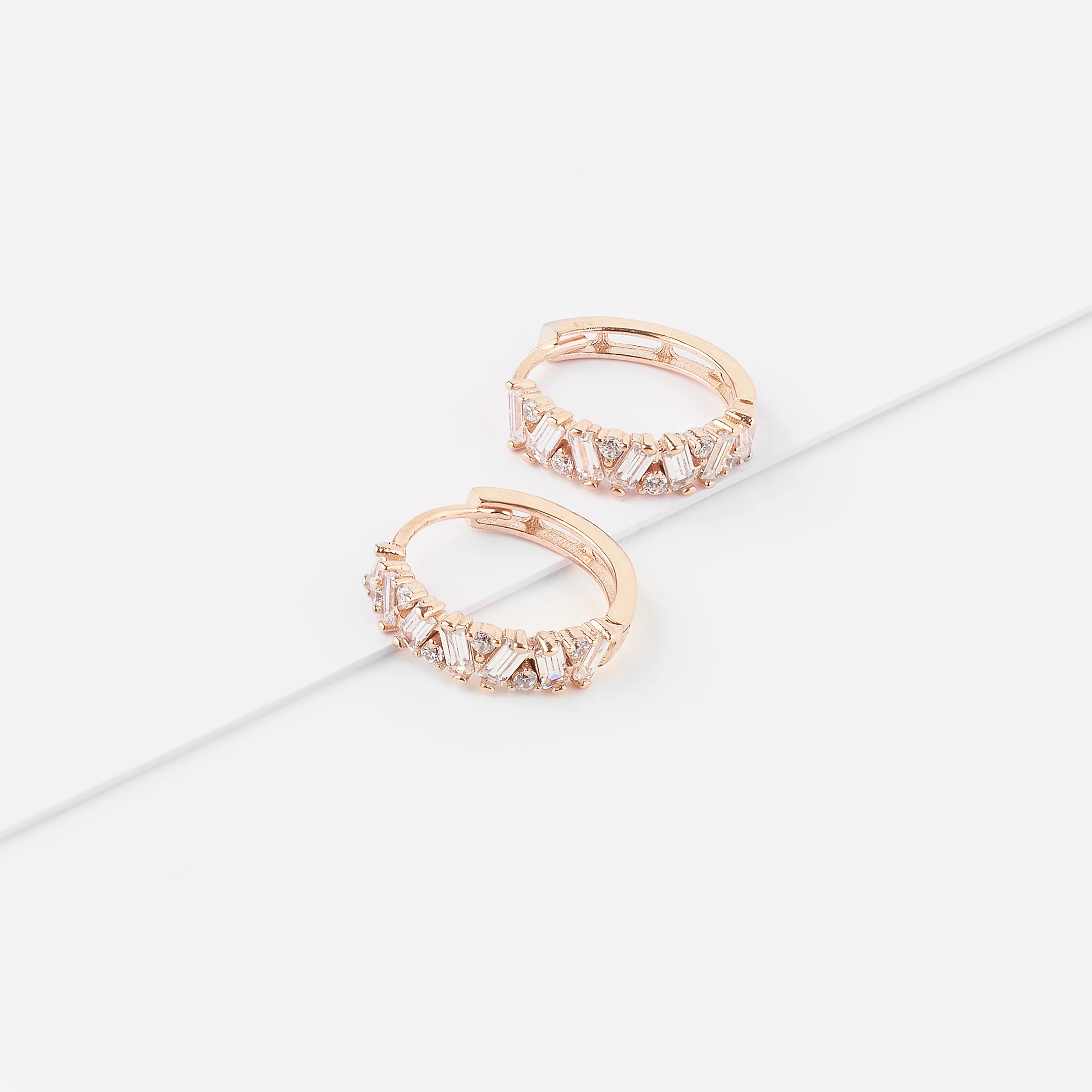 9K Rose Gold Zirconia Baguette And Round Brilliant Huggie Earrings - Image 2