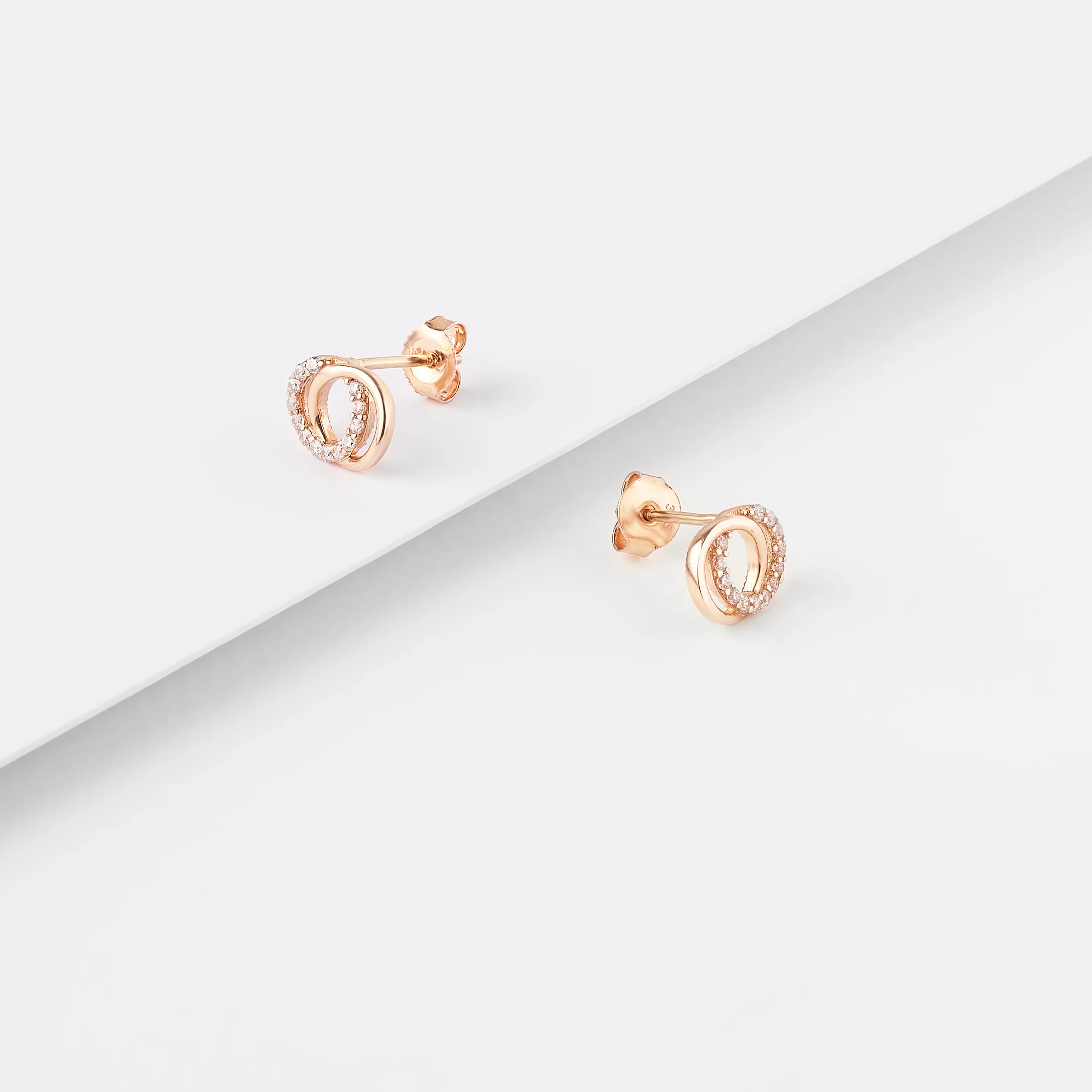 9K Rose Gold Zirconia Double Circle Stud Earrings - Image 2