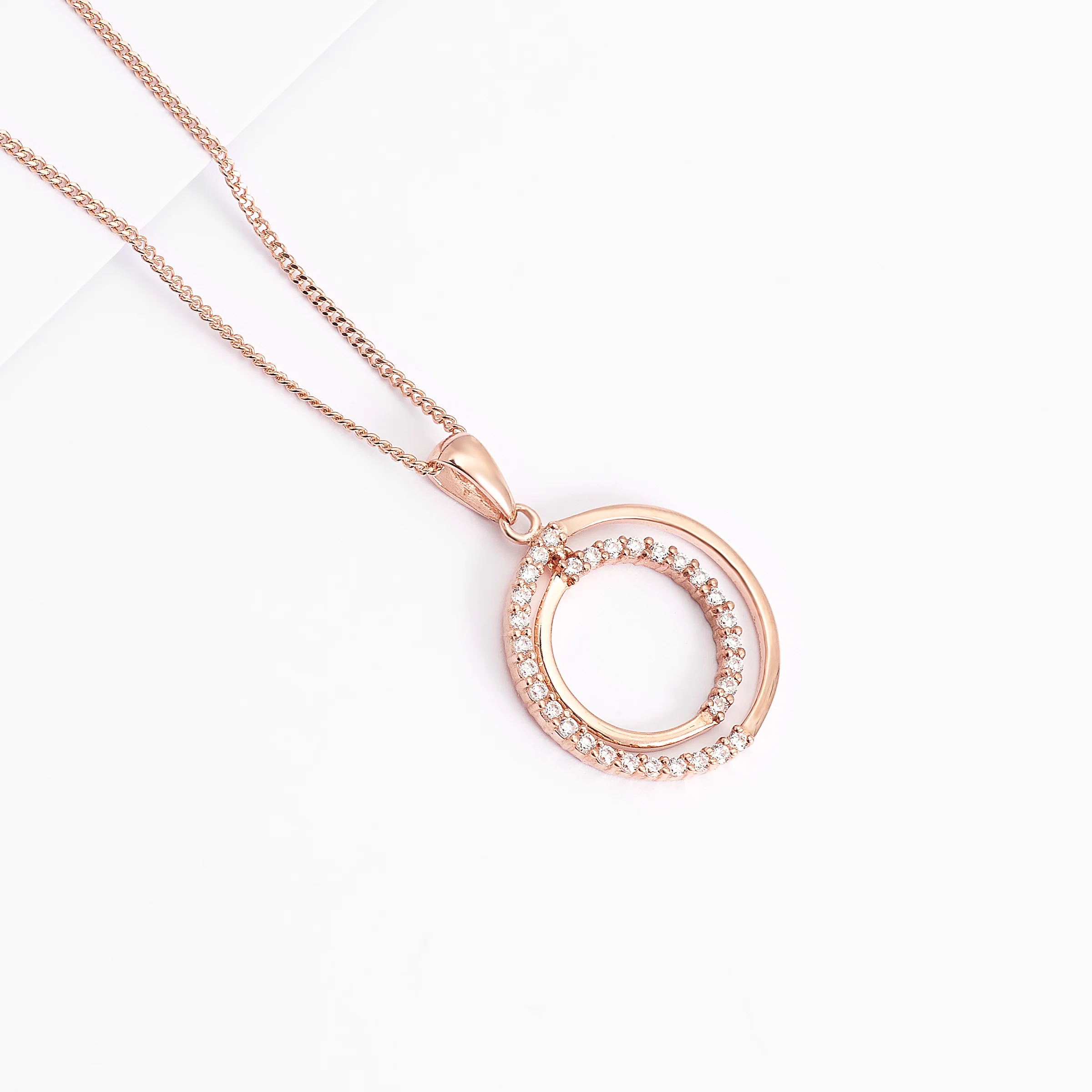 9K Rose Gold Zirconia Double Open Circle Pendant - Image 2