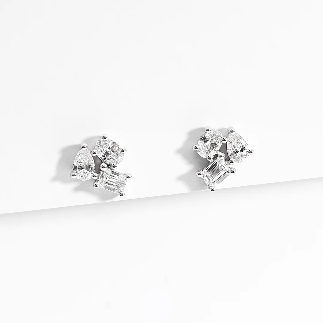 9K White Gold Trio Lab Diamond Cluster Stud Earrings 1.0tdw - Image 2