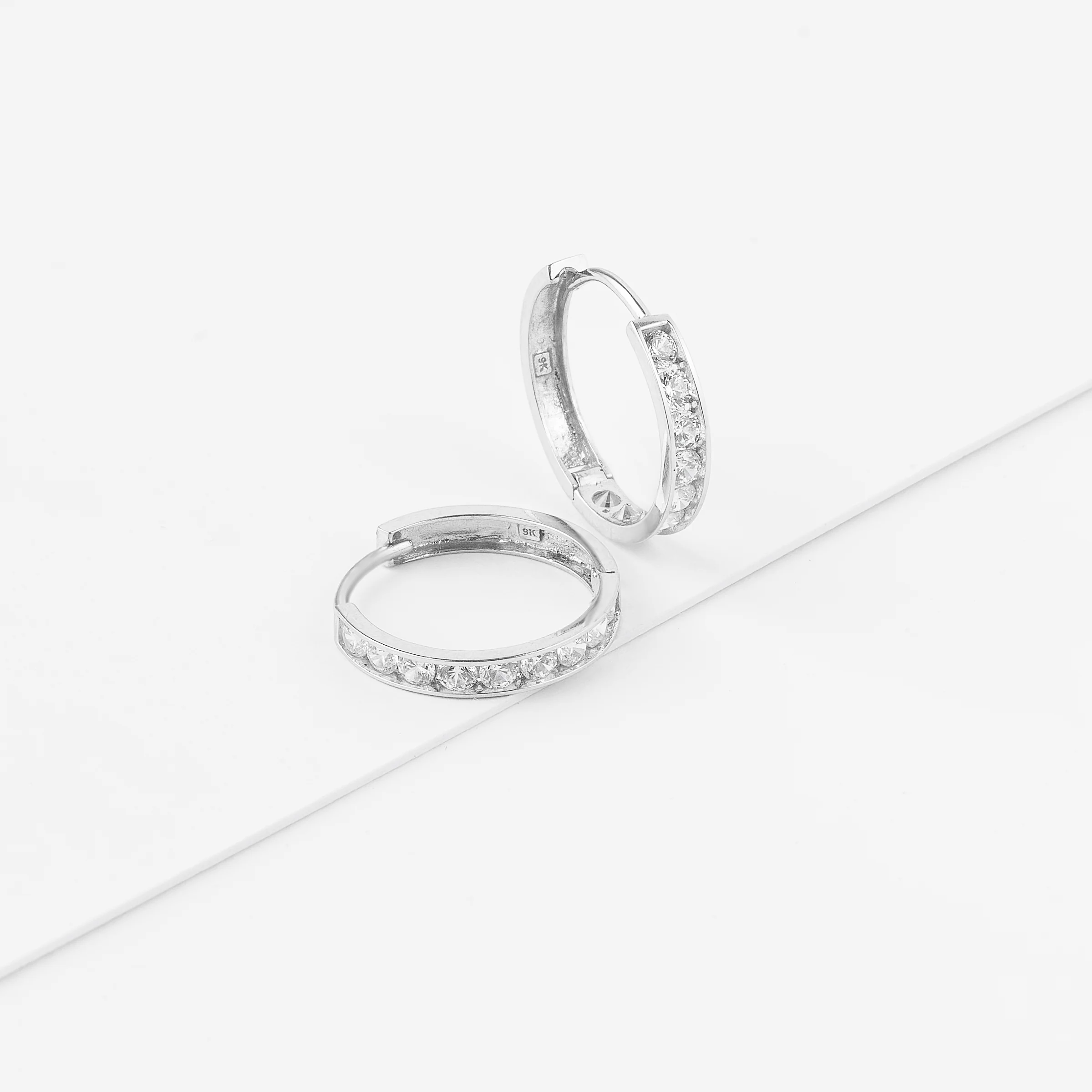 9K White Gold Zirconia Huggie Earrings 13mm - Image 2