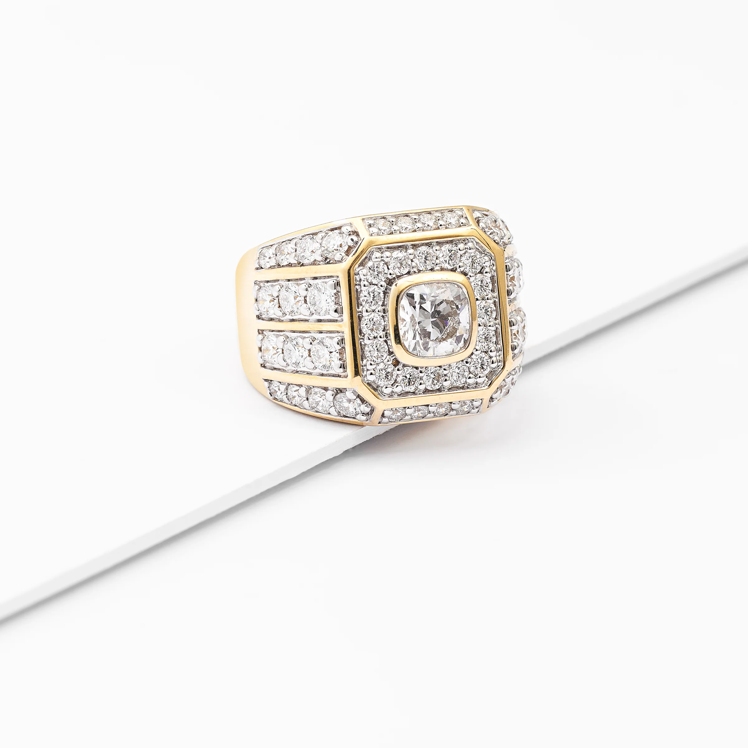 9K Yellow Gold Bezel 1.5ct Cushion Lab Diamond Halo And Shoulders Flat Top Dress Ring 4.2tdw - Image 3
