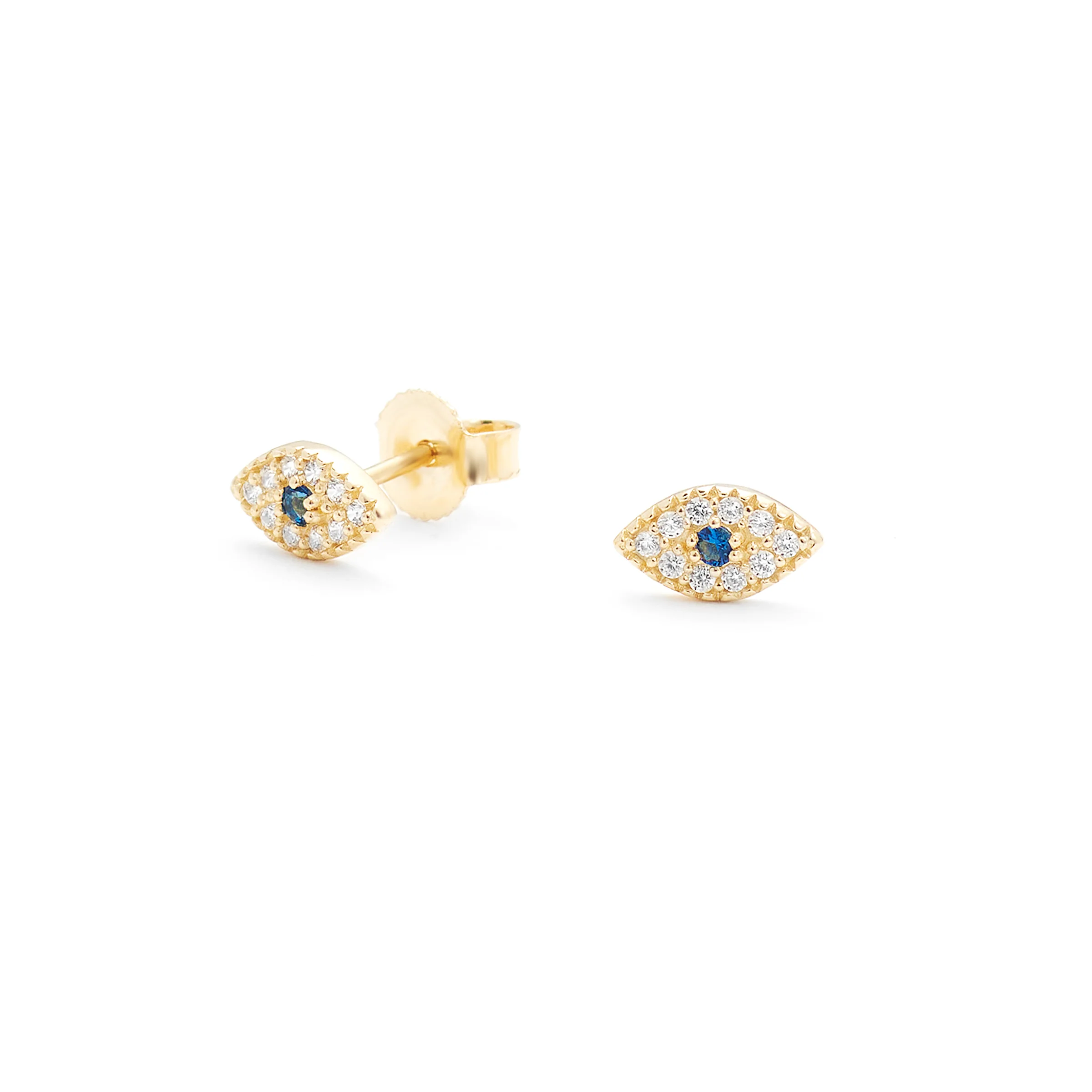 9K Yellow Gold Blue Sapphire Cluster and Zirconia Evil Eye Stud Earrings - Image 2
