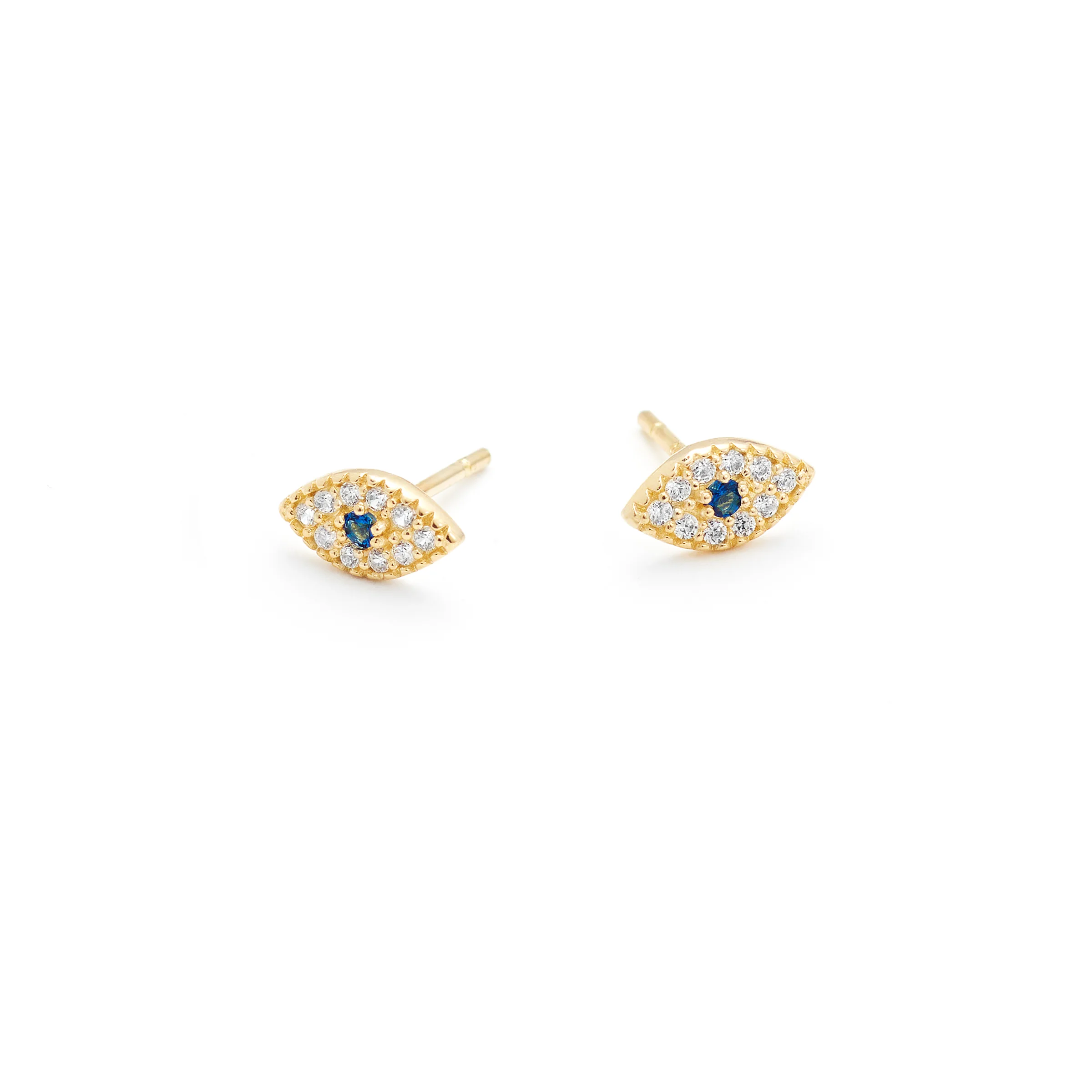 9K Yellow Gold Blue Sapphire Cluster and Zirconia Evil Eye Stud Earrings - Image 3