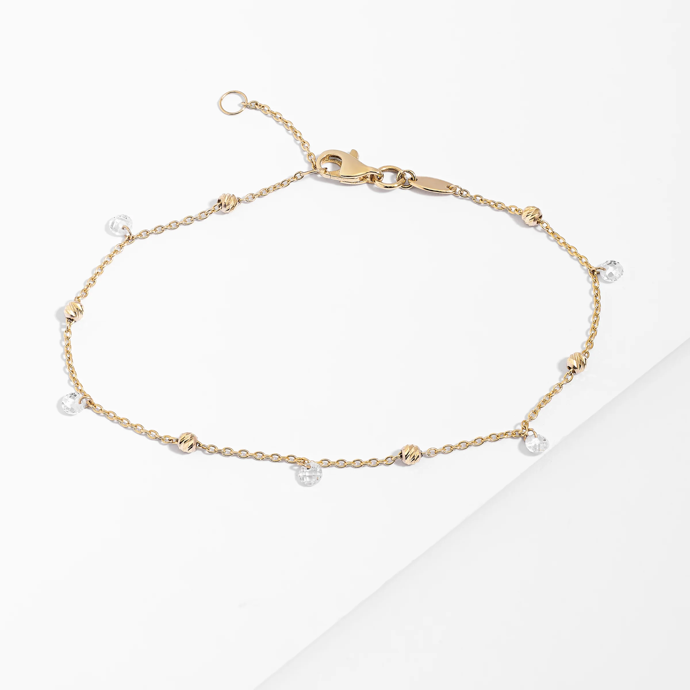 9K Yellow Gold Cable Link Ball and Crystal Bracelet 20cm - Image 2