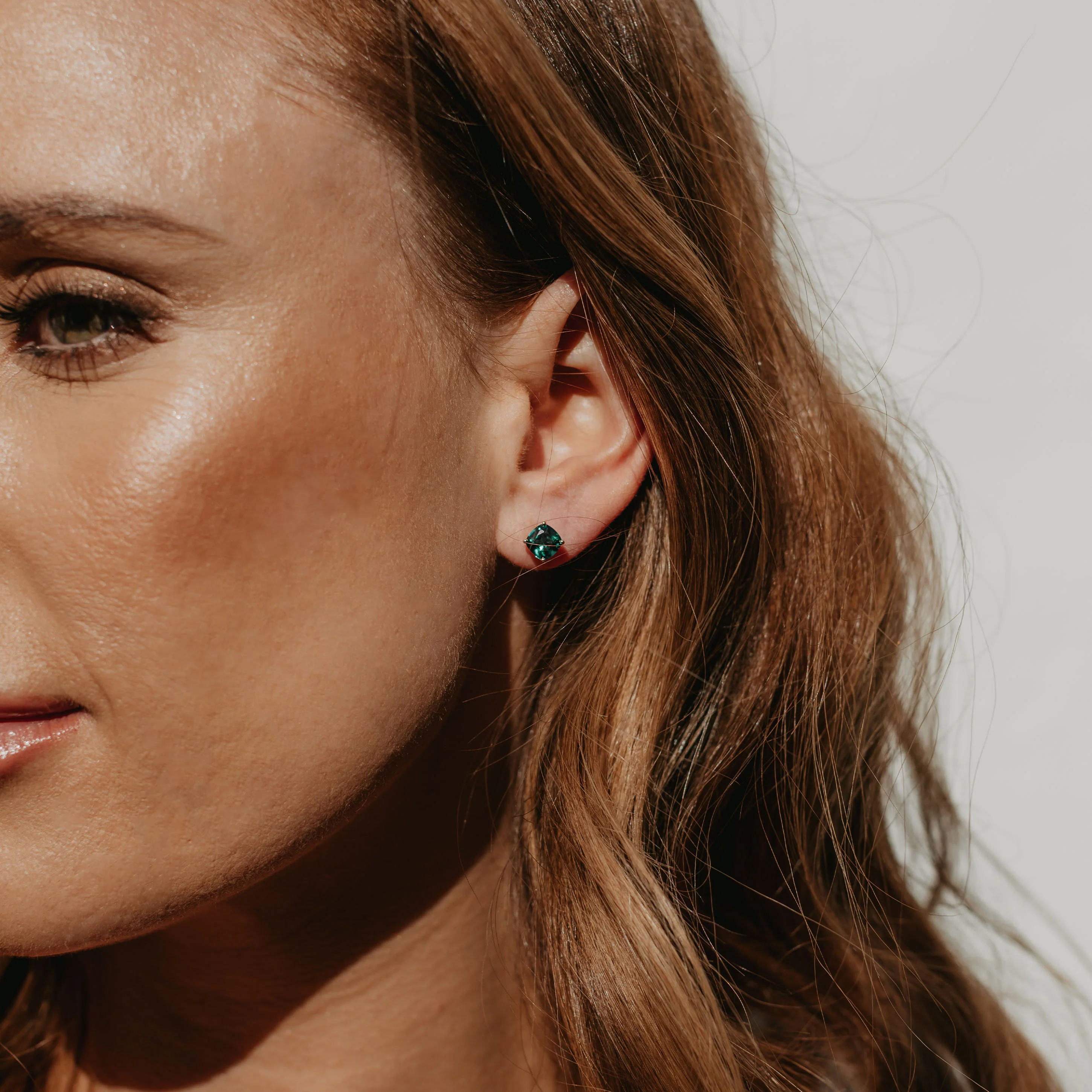 9K Yellow Gold Created Emerald May Birthstone Stud Earrings - Image 2
