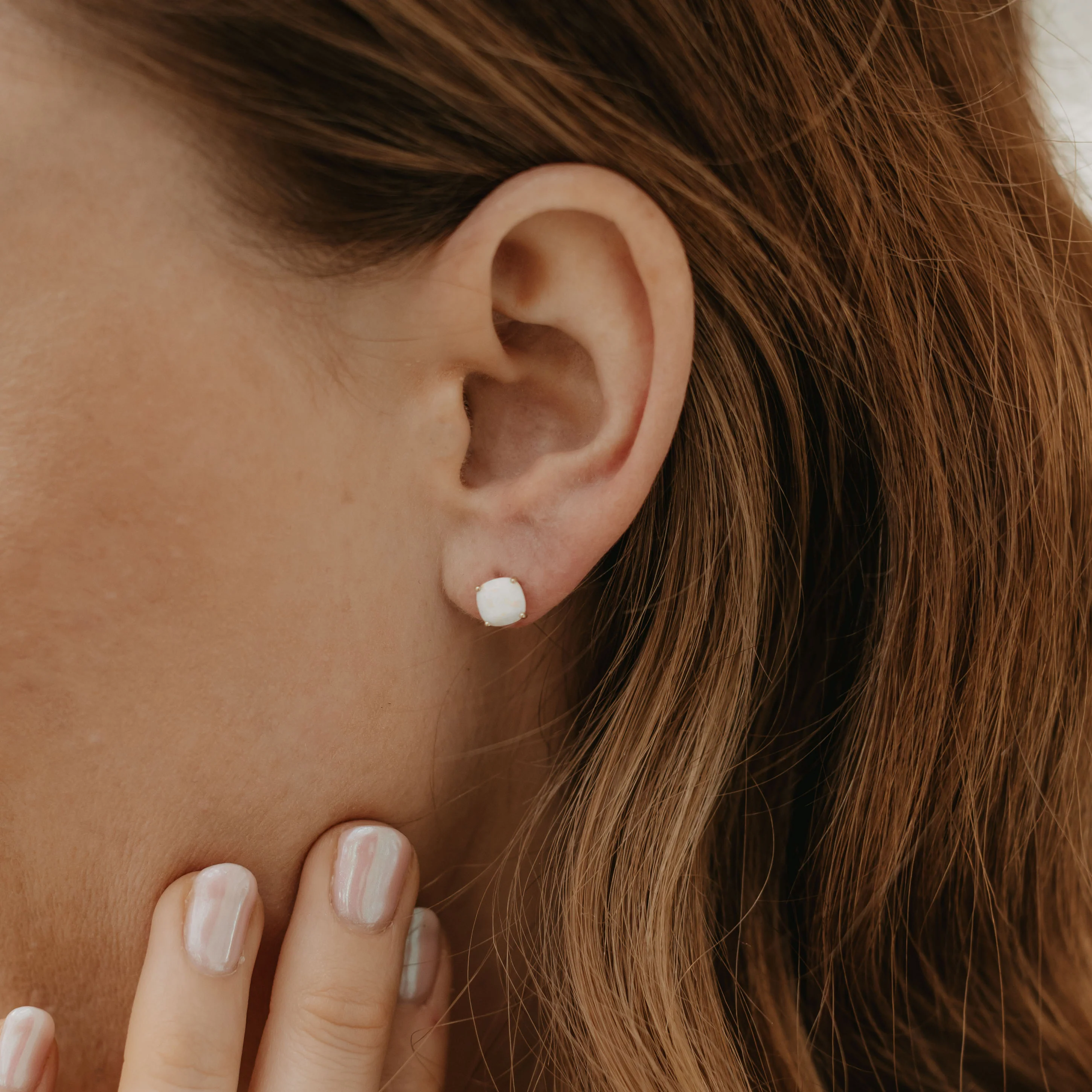9K Yellow Gold Created Opal October Birthstone Stud Earrings - Image 2