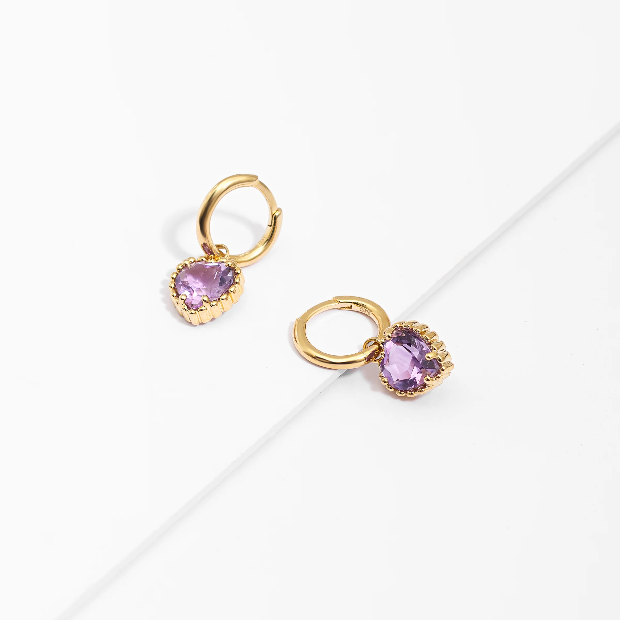 9K Yellow Gold Huggie Earrings With Dangling Amethyst Heart - Image 3