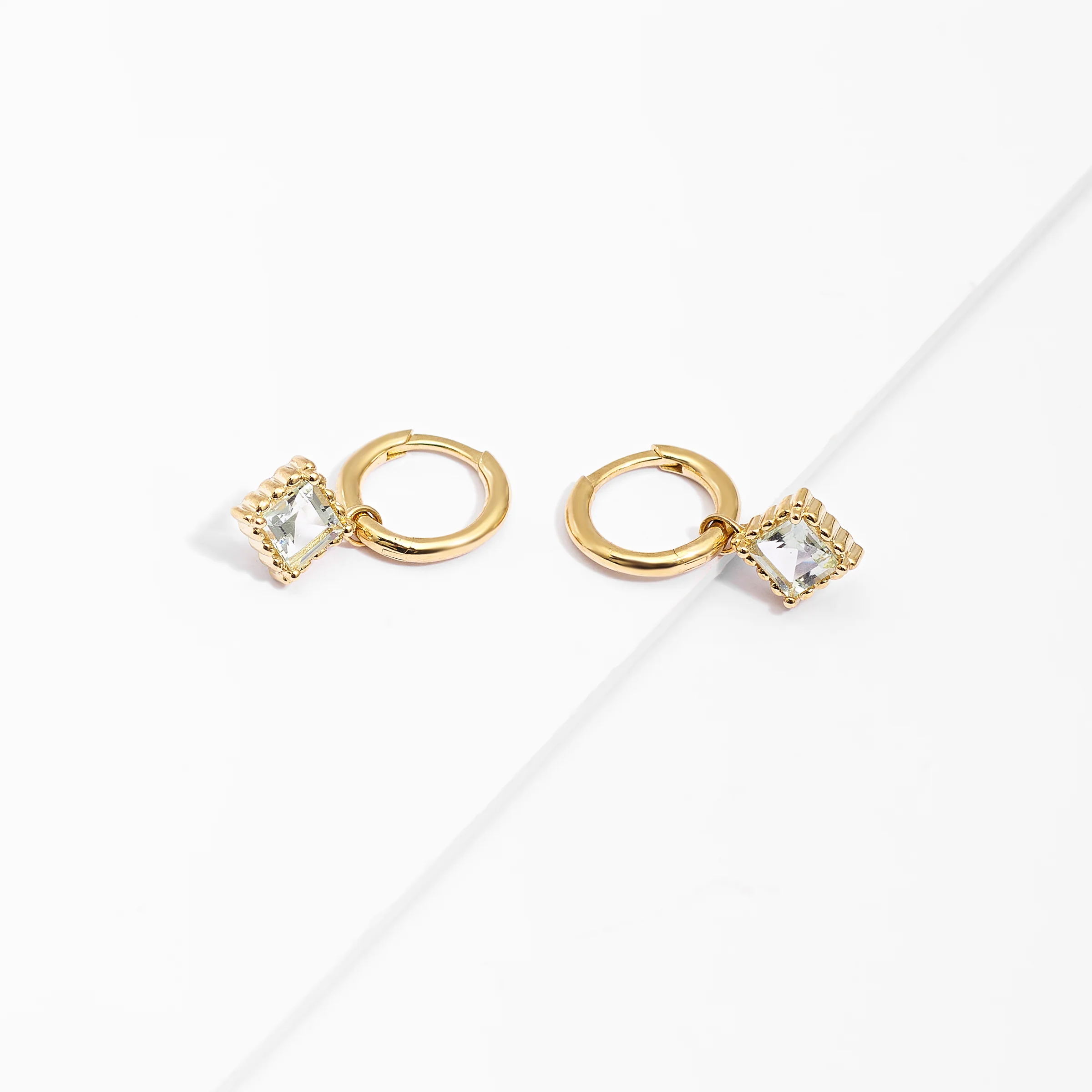 9K Yellow Gold Huggie Earrings With Dangling Asscher Cut Green Amethyst - Image 3