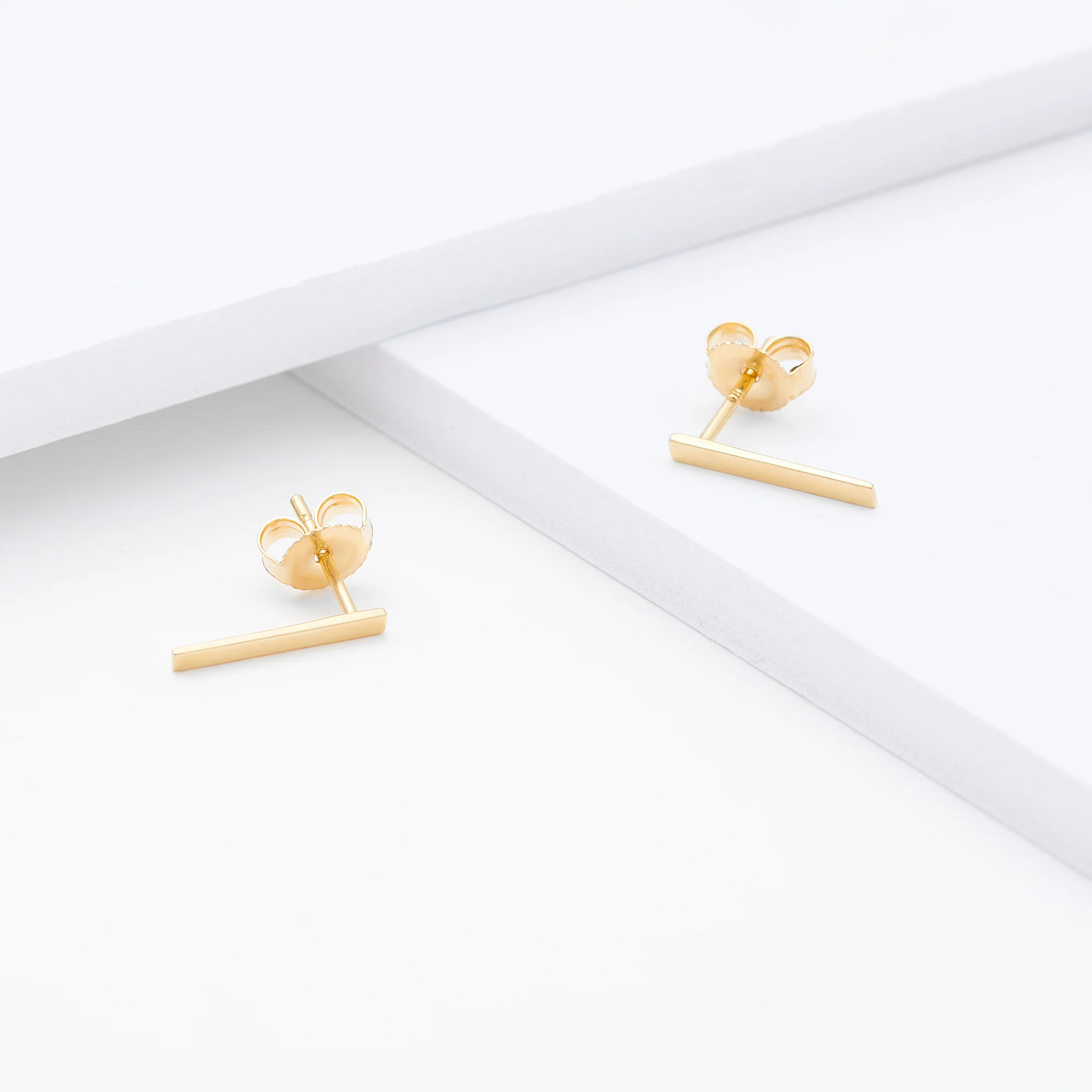9K Yellow Gold Long Bar Stud Earrings 11mm - Image 3