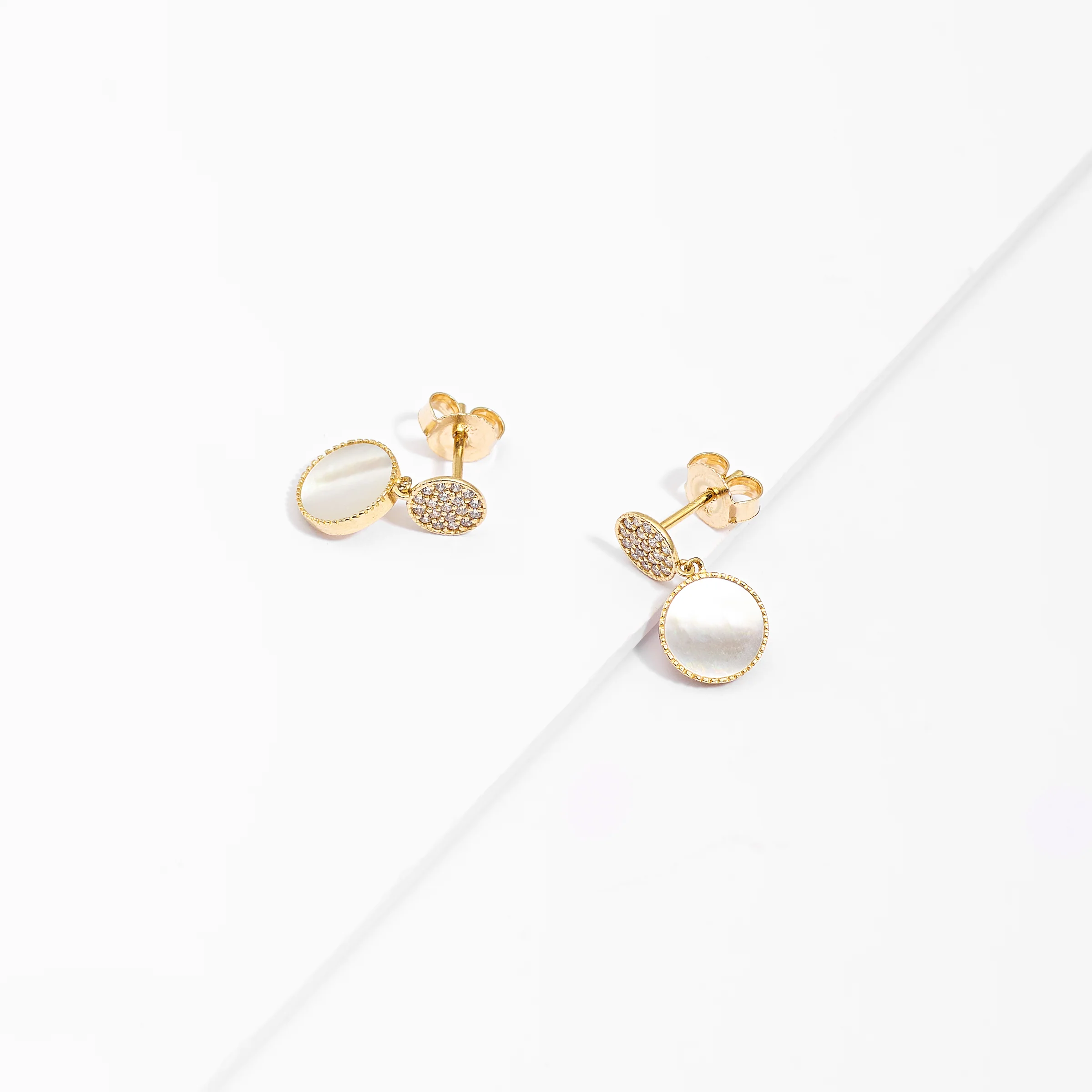 9K Yellow Gold Mother Of Pearl And Zirconia Cluster Double Disc Drop Stud Earrings - Image 3