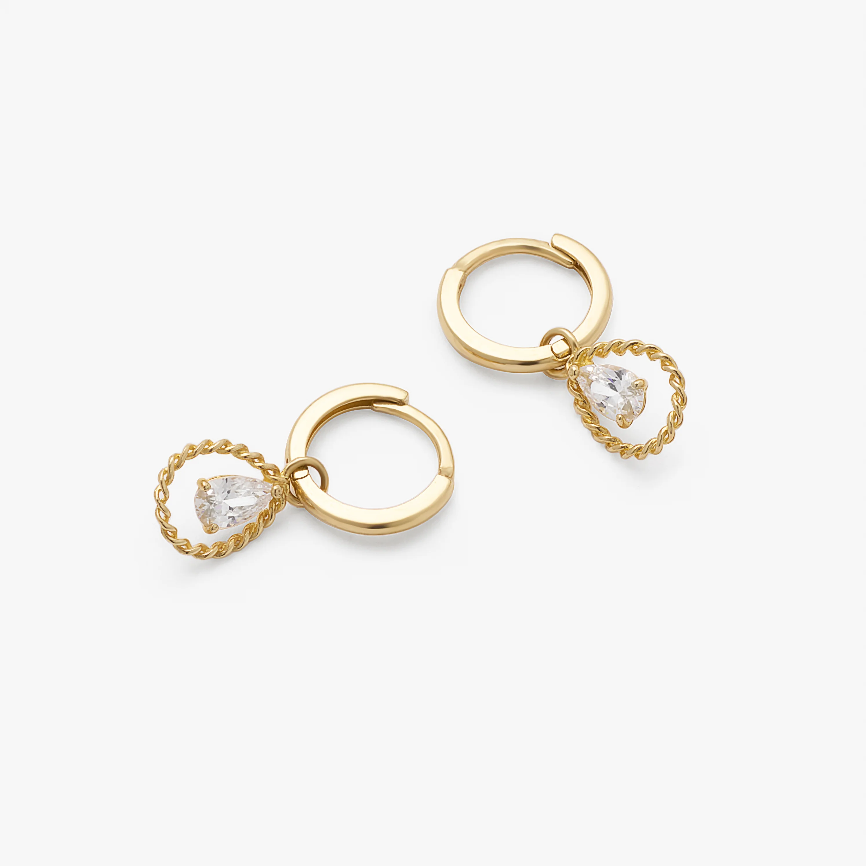 9K Yellow Gold Rope Open Teardrop And Pear Zirconia Charm Huggie Earrings - Image 3