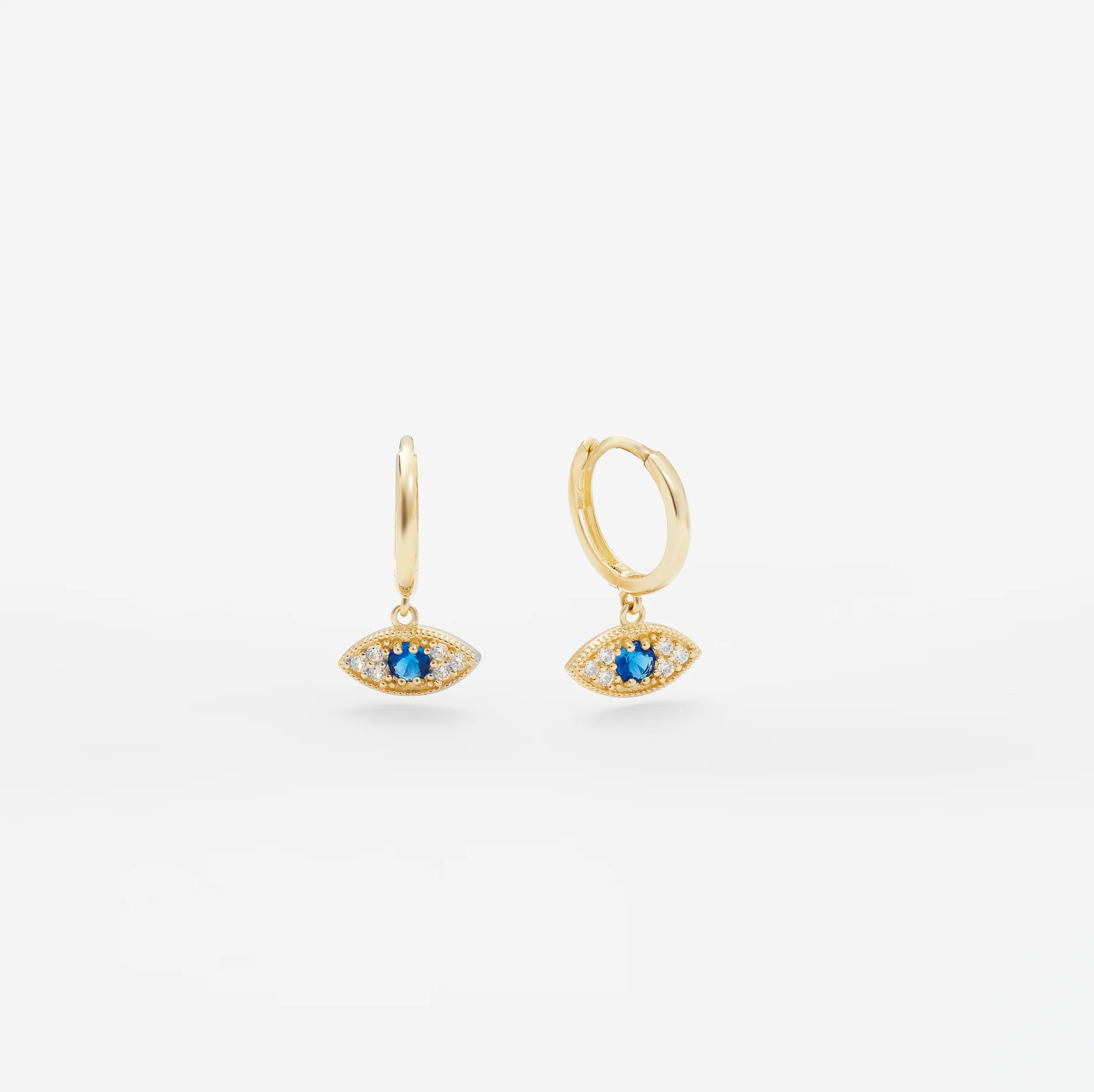 9K Yellow Gold Zirconia and Blue Sapphire Evil Eye Huggie Earrings - Image 2