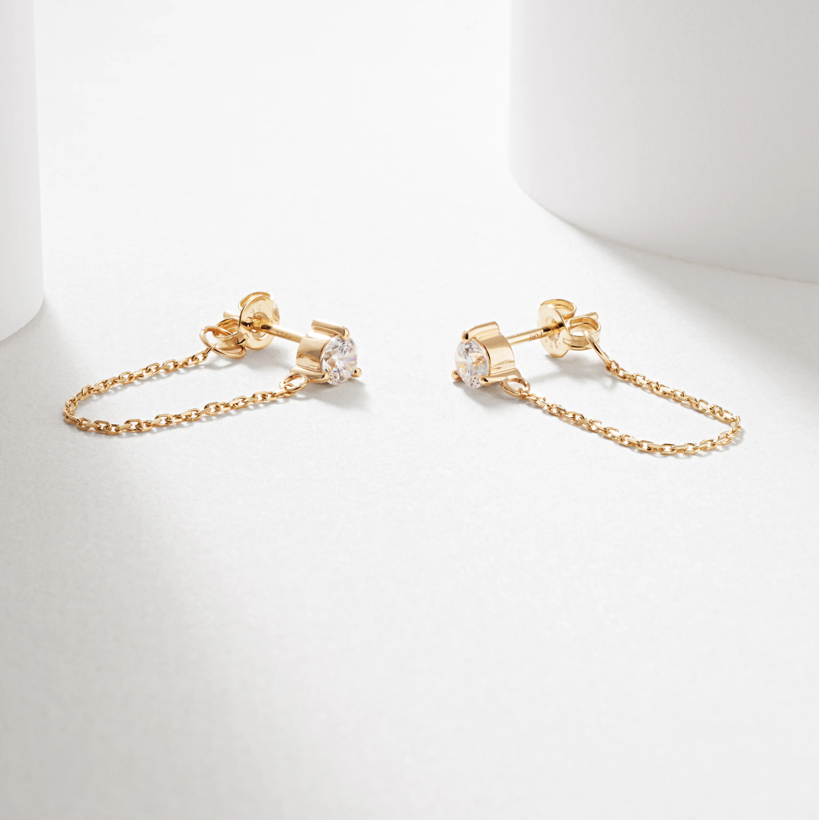 9K Yellow Gold Zirconia and Chain Stud Earrings - Image 2