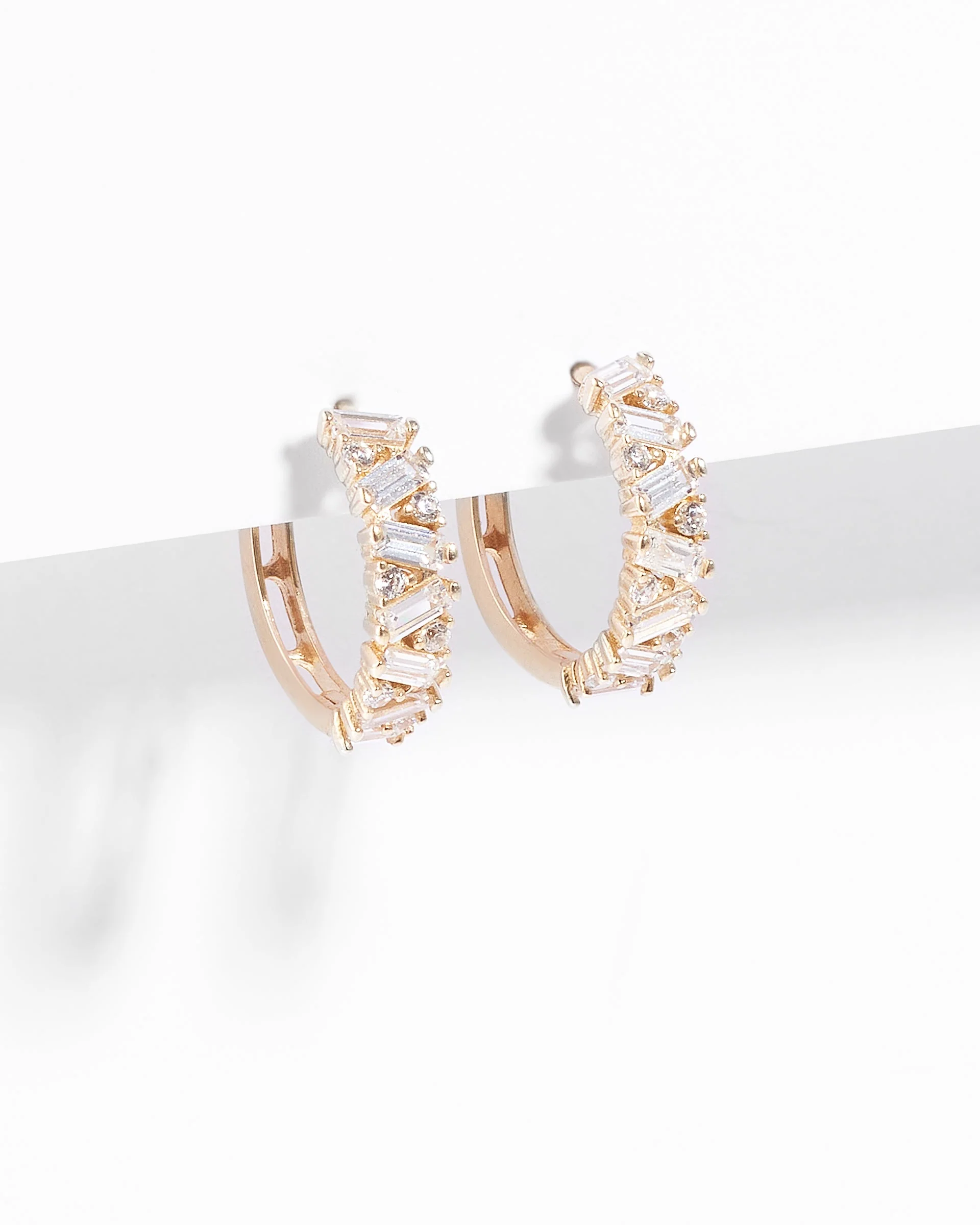 9K Yellow Gold Zirconia Baguette And Round Brilliant Huggie Earrings - Image 2
