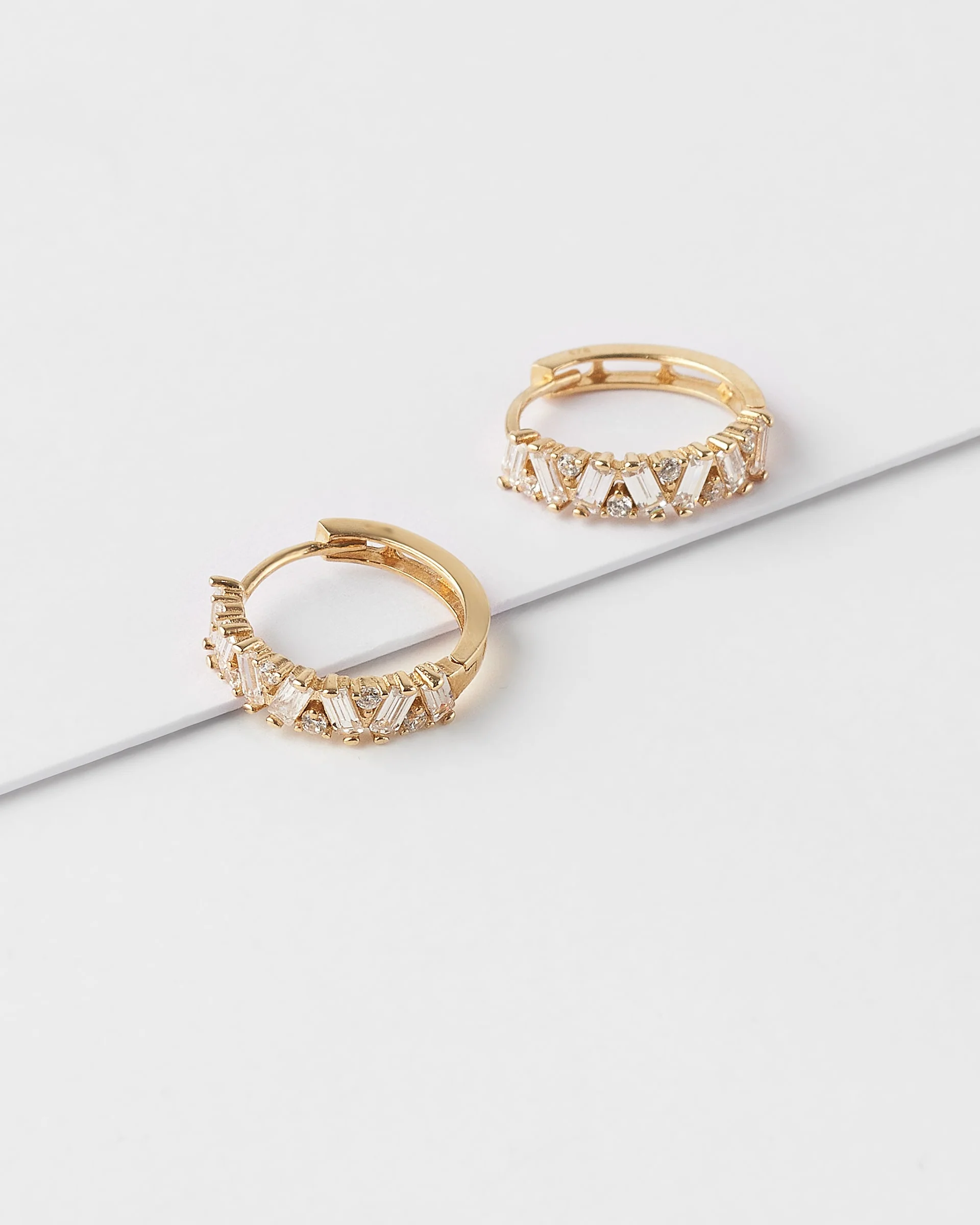9K Yellow Gold Zirconia Baguette And Round Brilliant Huggie Earrings - Image 3