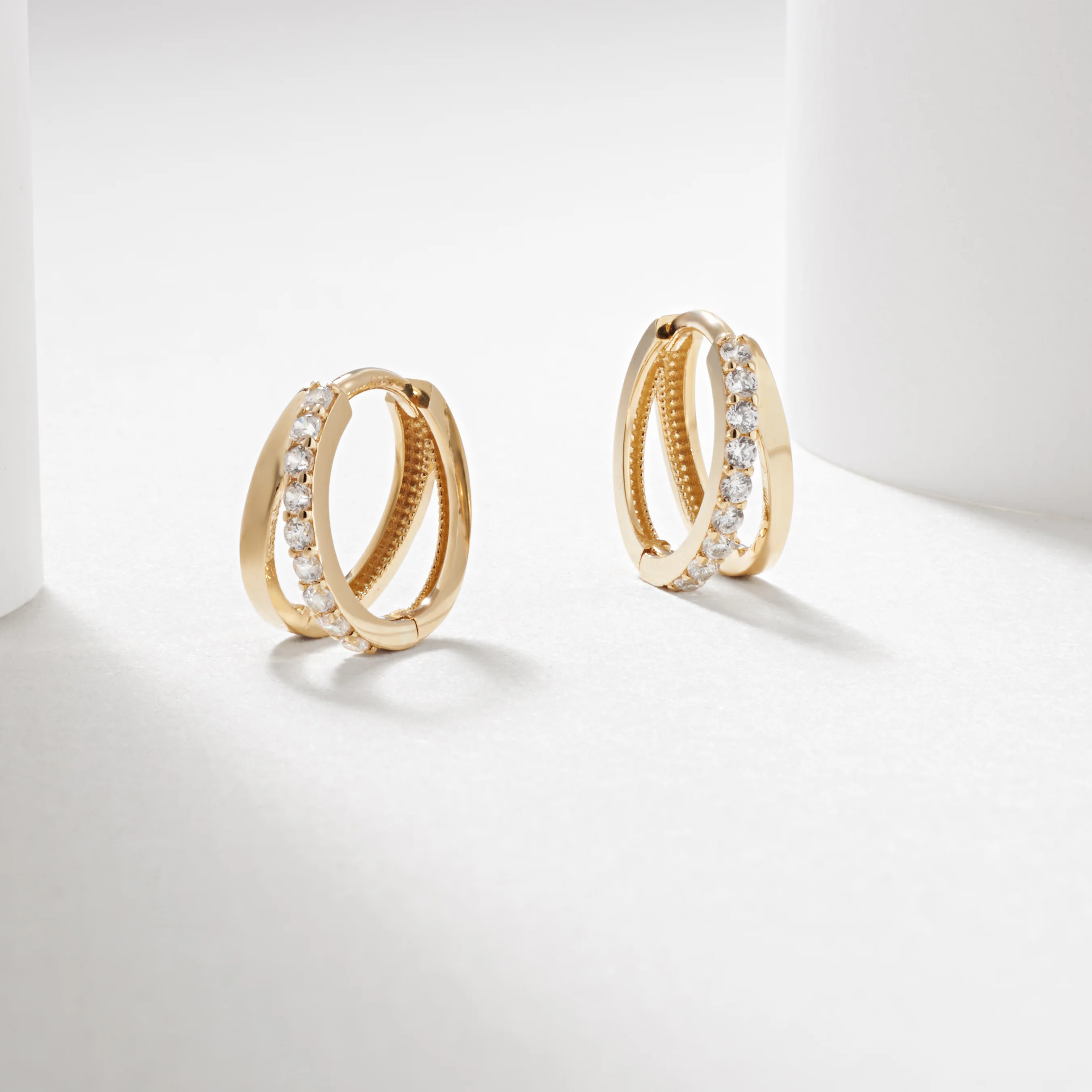 9K Yellow Gold Zirconia Double Row Huggie Earrings - Image 2