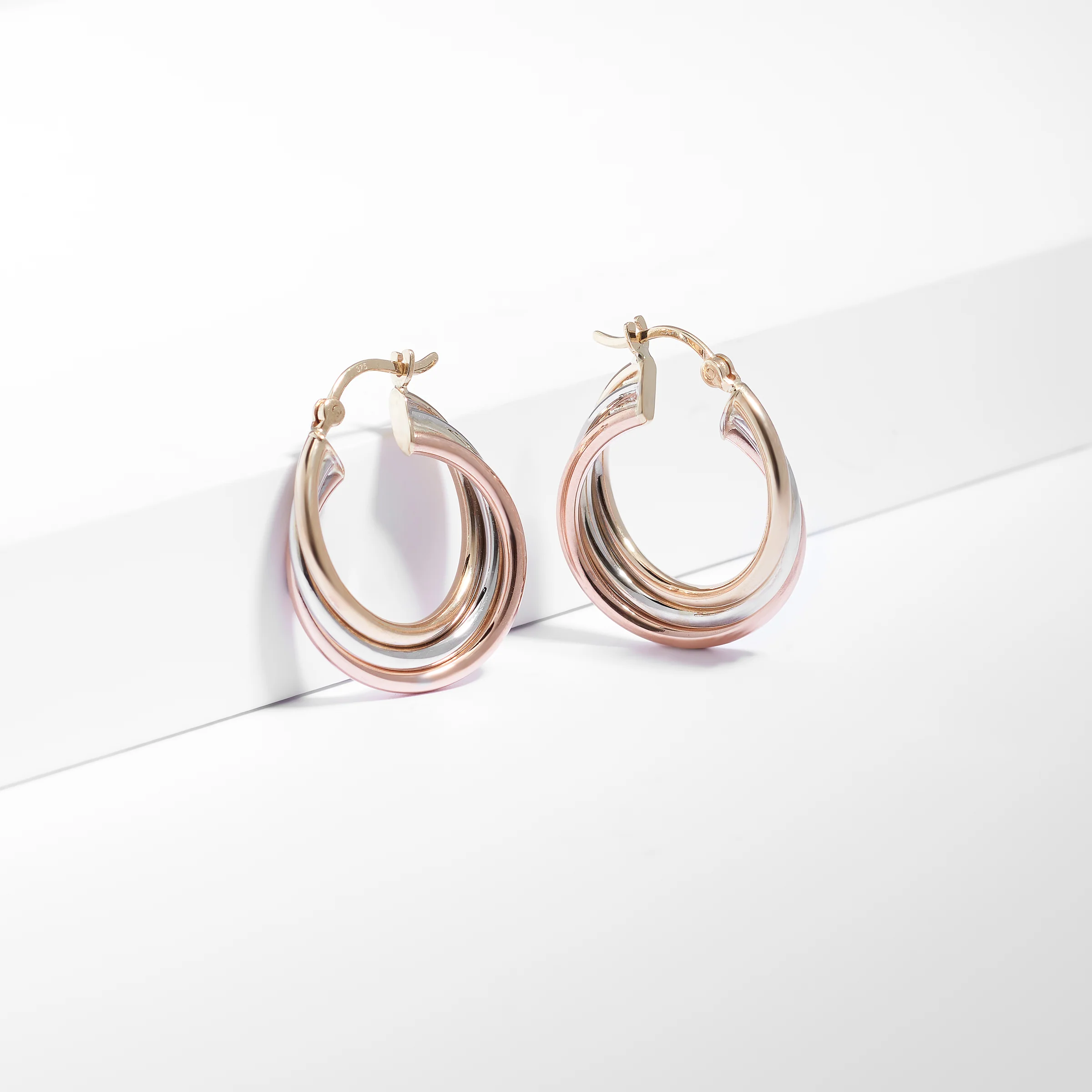 9K Yellow, White And Rose Gold Trio Twist Hoop Earrings 20mm - Image 2