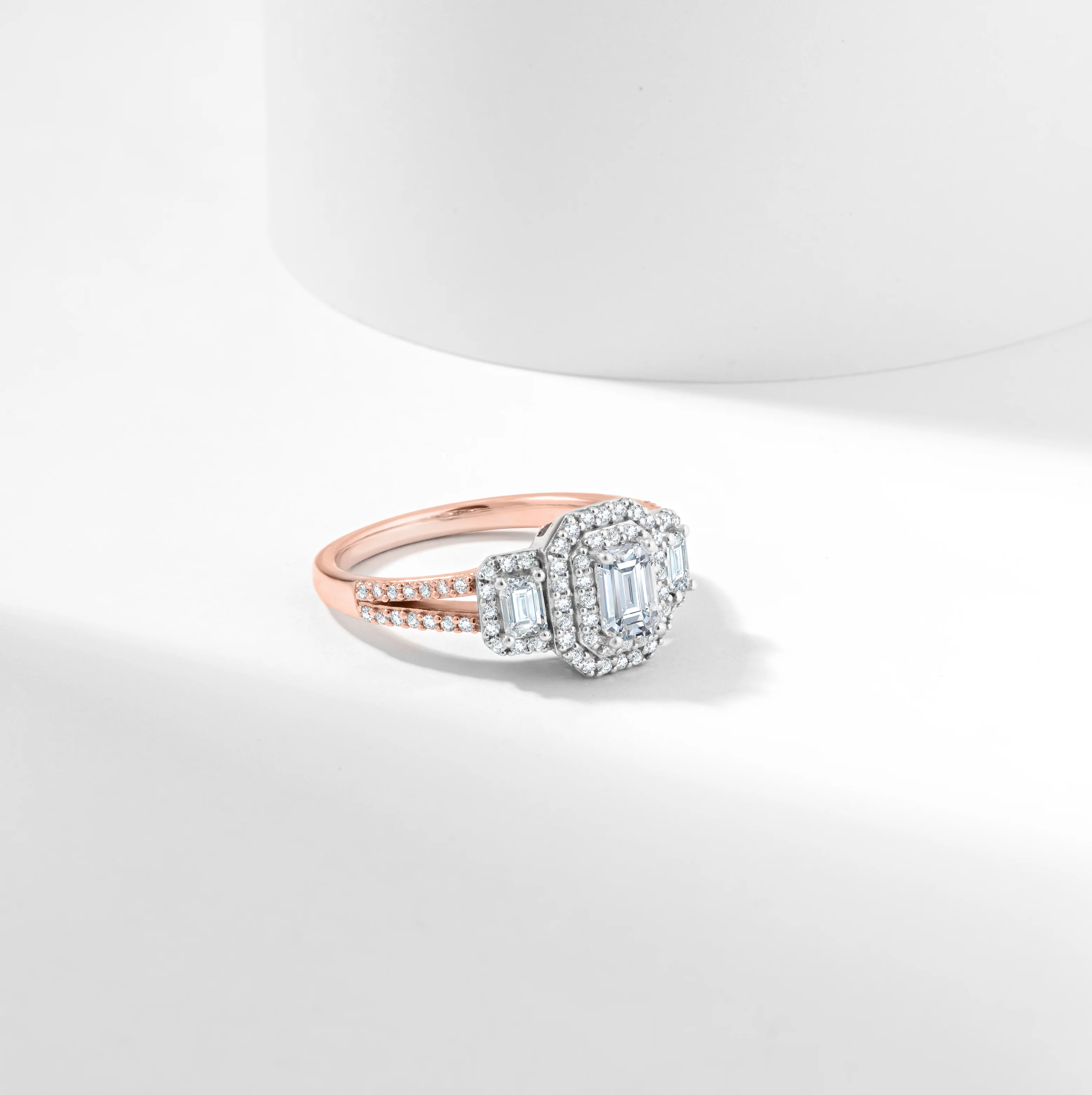 Emerald Cut Diamond Halo Trilogy Engagement Ring 1.0tdw - Image 3