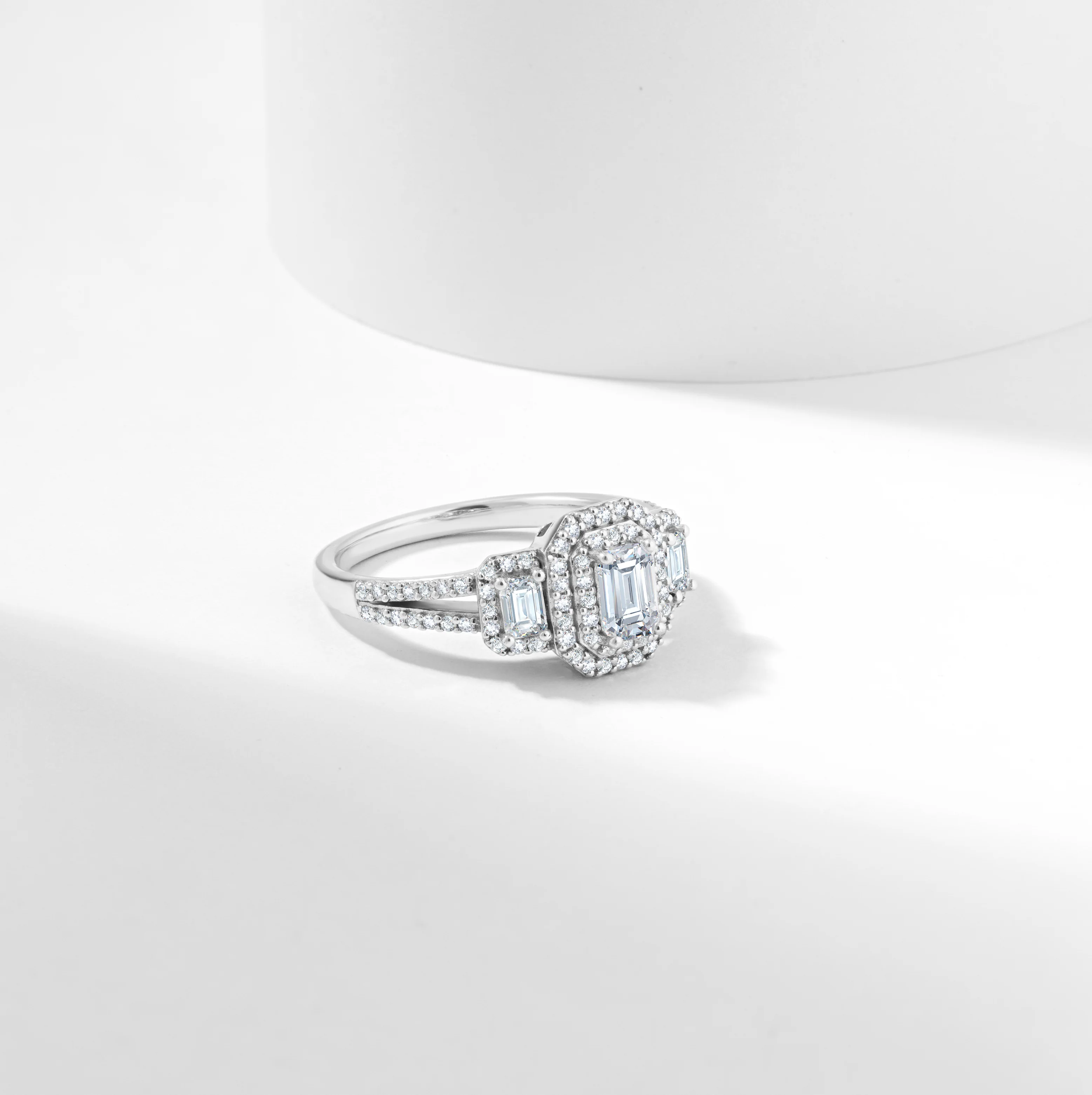 Emerald Cut Diamond Halo Trilogy Engagement Ring 1.0tdw - Image 4