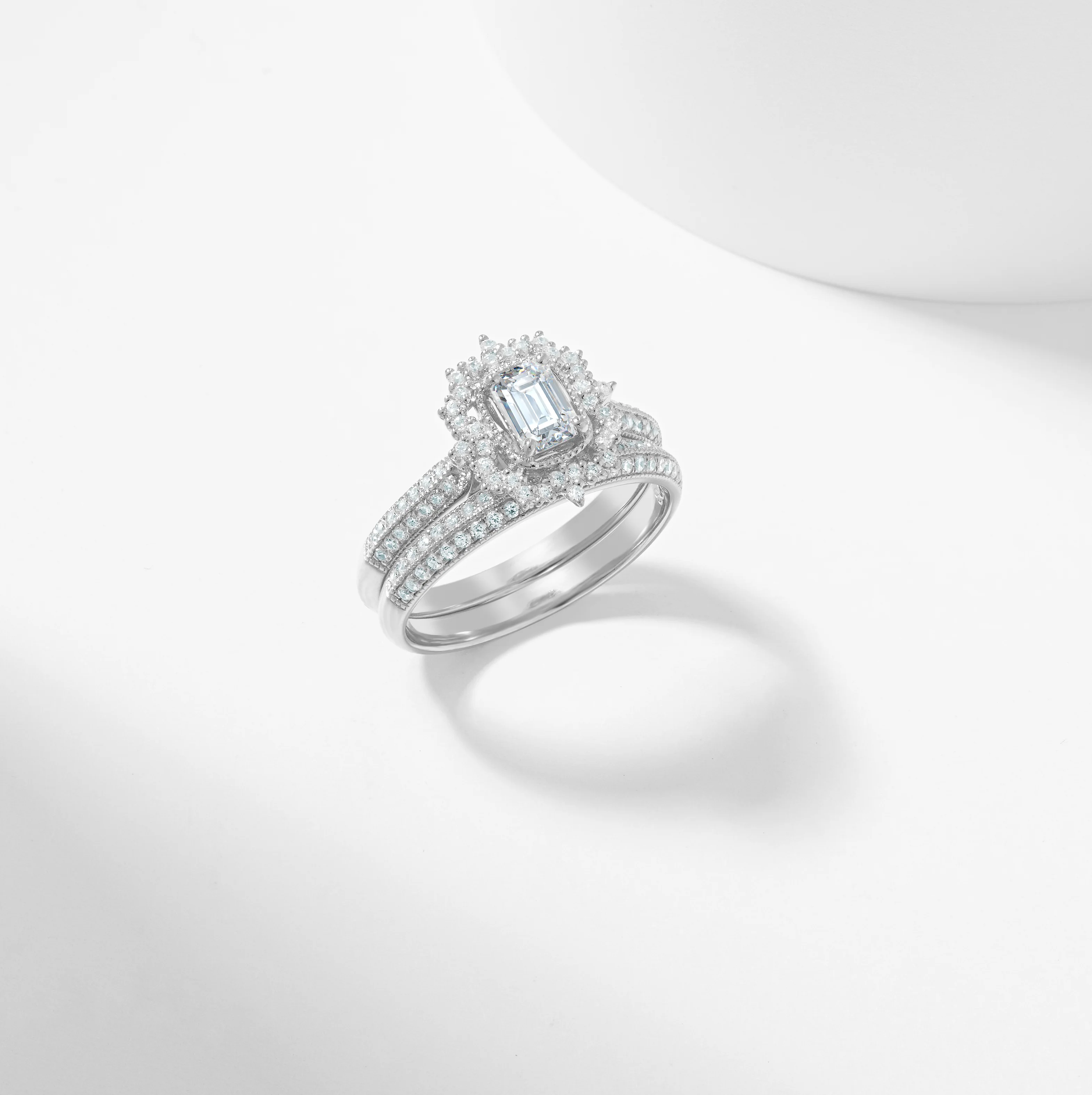 Emerald Cut Diamond Vintage Halo Bridal Set 1.0tdw - Image 3