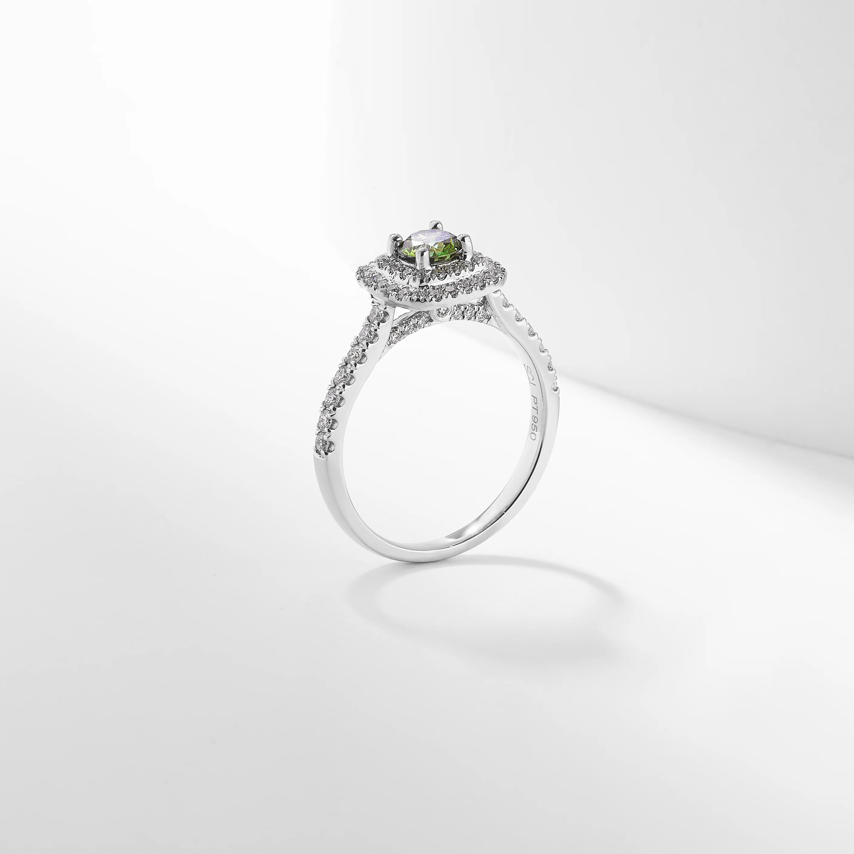 Platinum 0.51tdw Round Brilliant Green Lab Diamond With Double Halo And Claw Set Shoulders Ring - Image 4