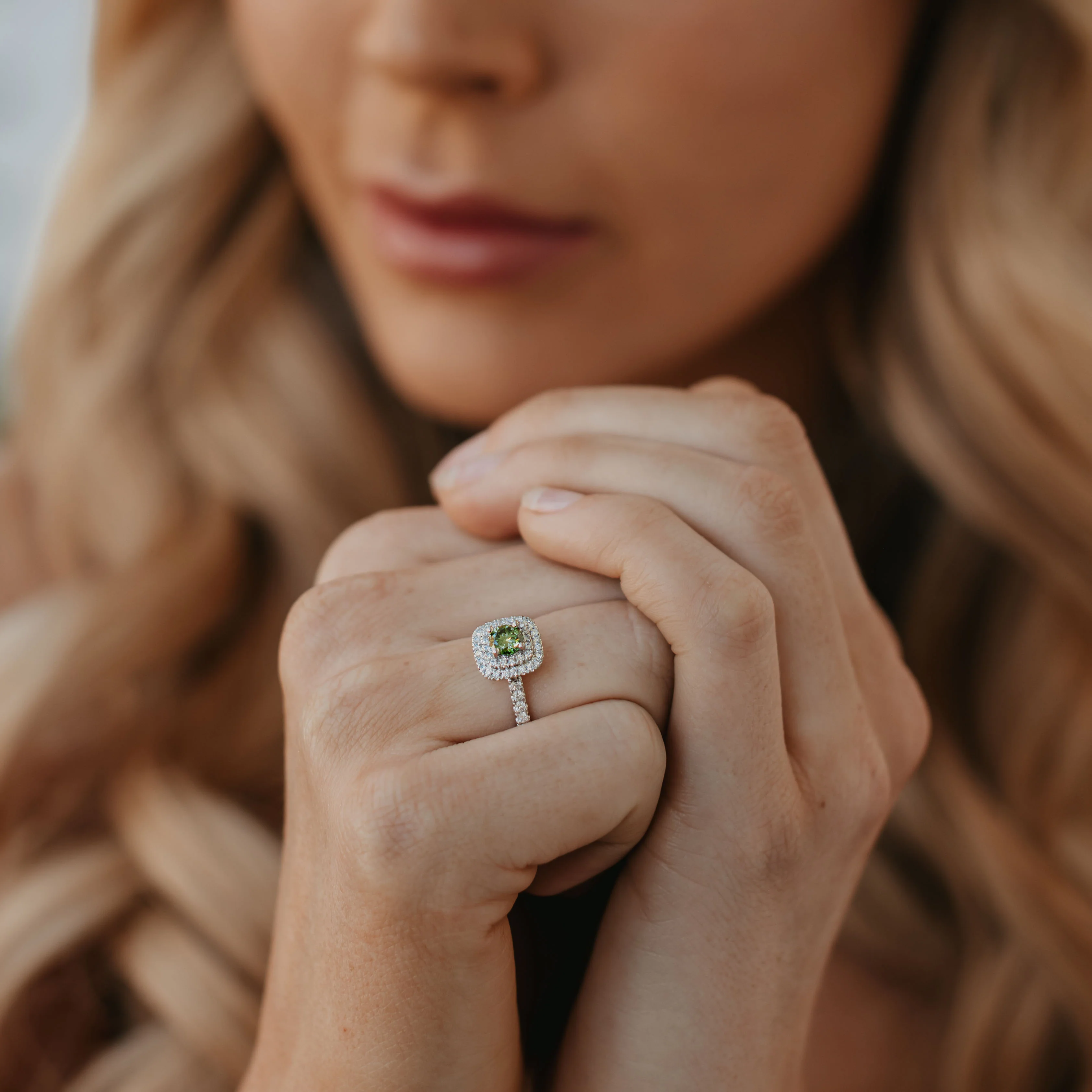Platinum 0.51tdw Round Brilliant Green Lab Diamond With Double Halo And Claw Set Shoulders Ring - Image 5