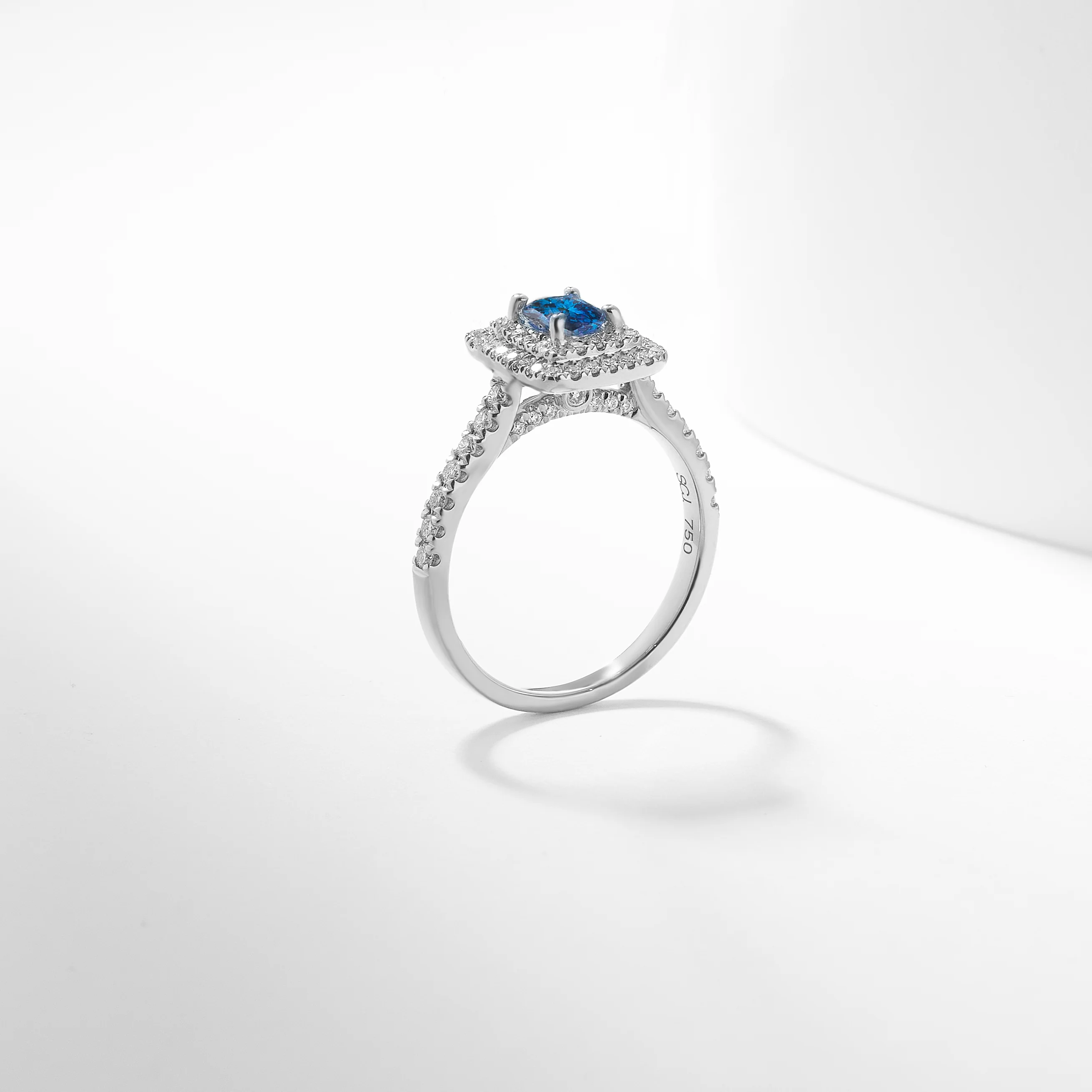 Platinum 0.96tdw Princess Cut Blue Lab Diamond Centre With Double Halo And Claw Set Shoulders Ring - Image 3