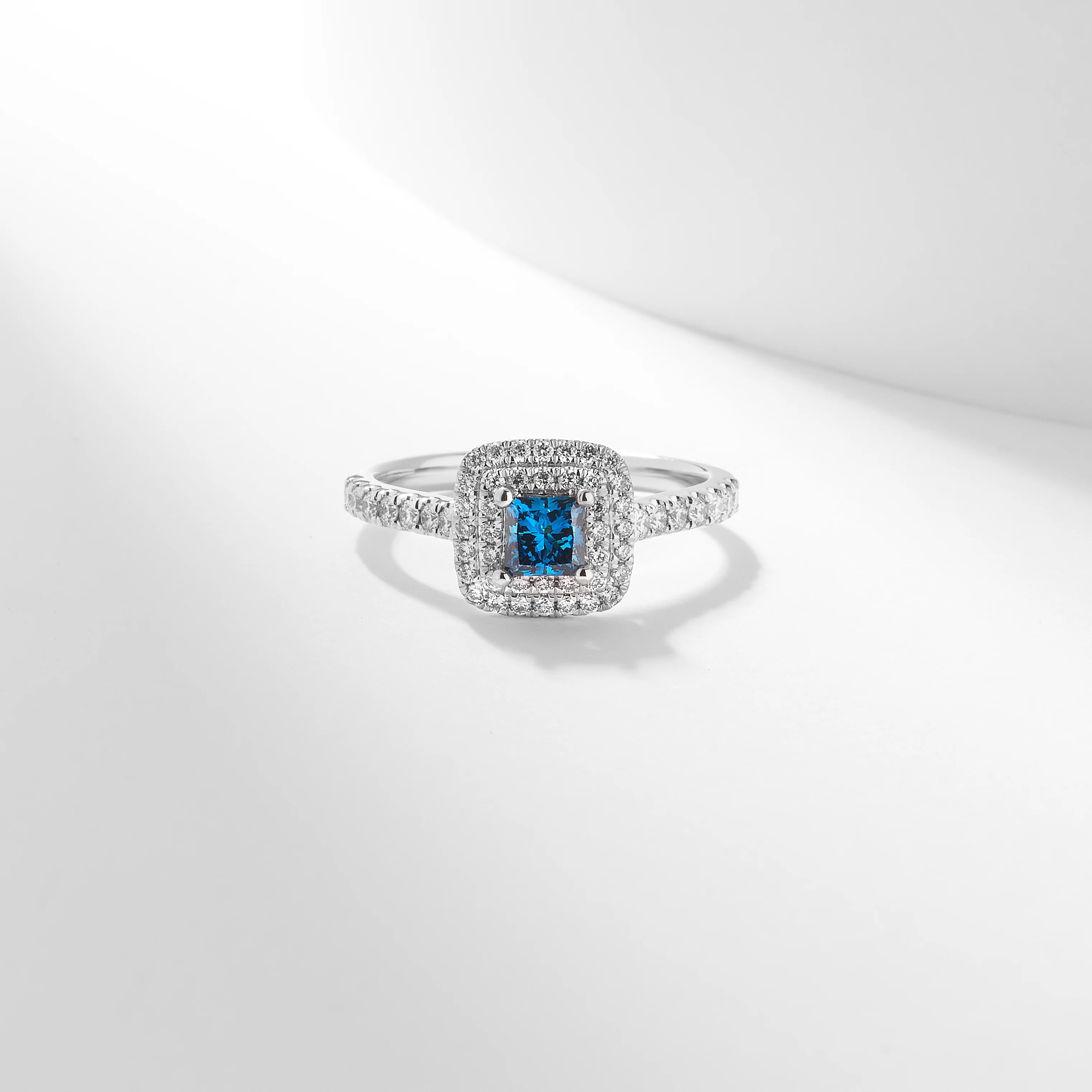 Platinum 0.96tdw Princess Cut Blue Lab Diamond Centre With Double Halo And Claw Set Shoulders Ring - Image 4