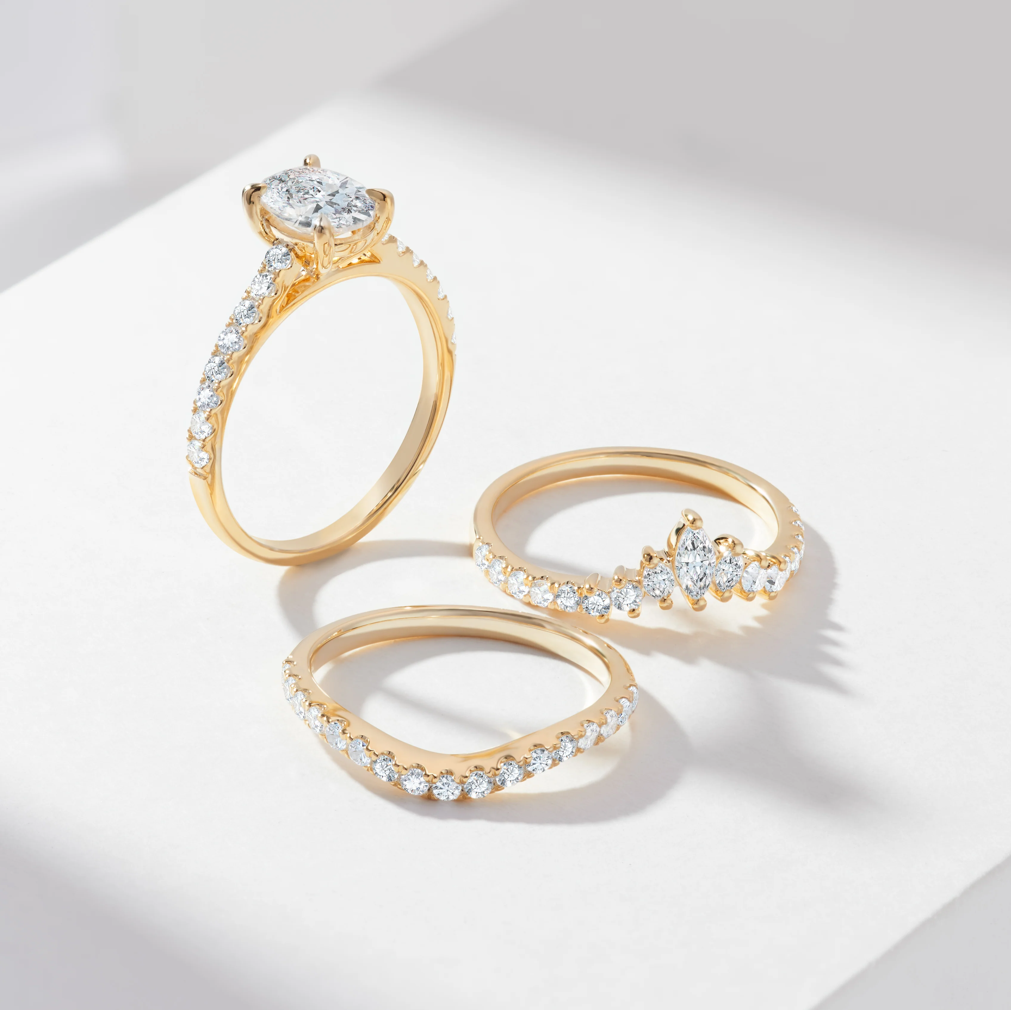 9K white Gold 1.25ct Oval Diamond Centre With Marquise And Round Brilliant Contoured Wedding And Eternity Rings Bridal Set 2.0tdw - Image 3