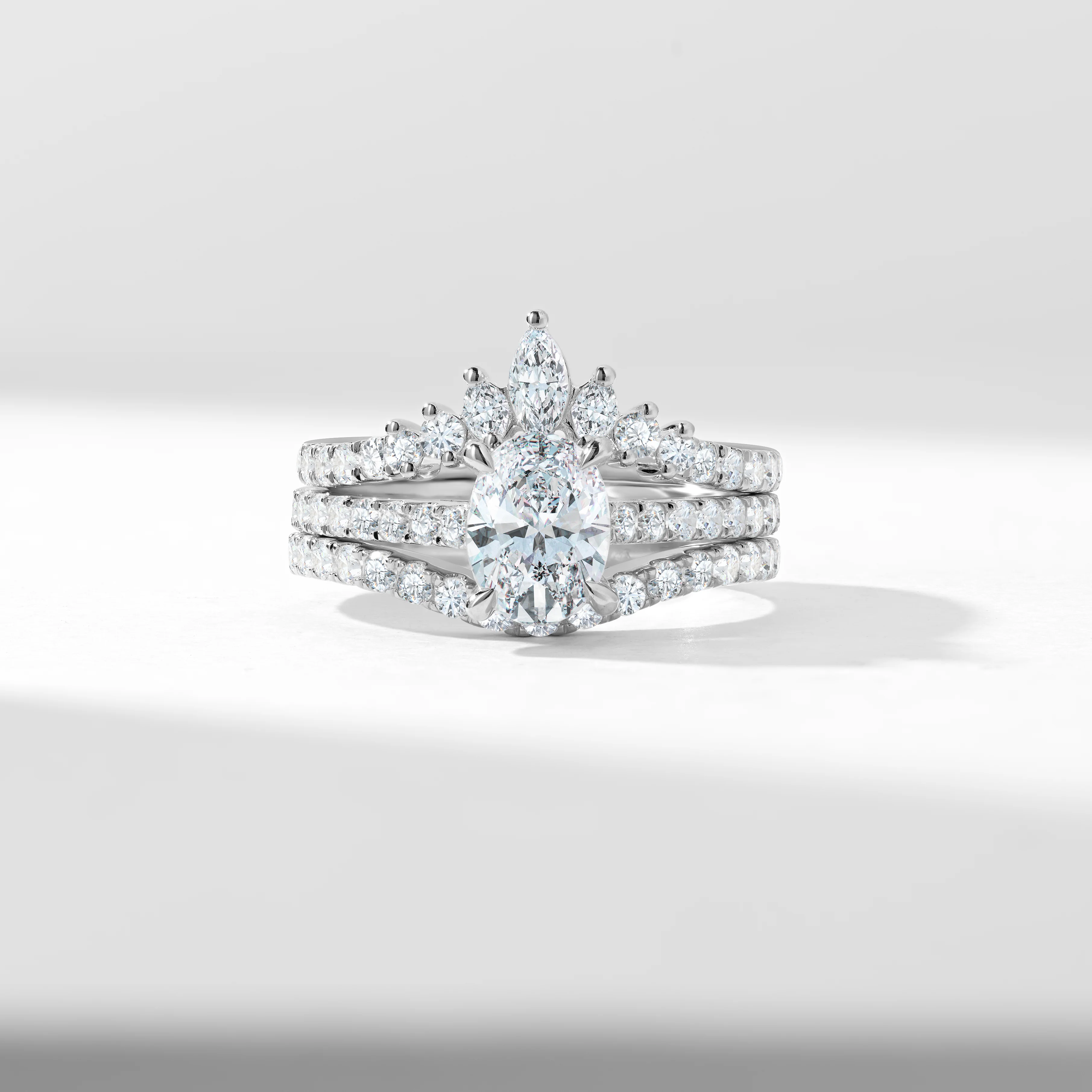 9K white Gold 1.25ct Oval Diamond Centre With Marquise And Round Brilliant Contoured Wedding And Eternity Rings Bridal Set 2.0tdw - Image 6