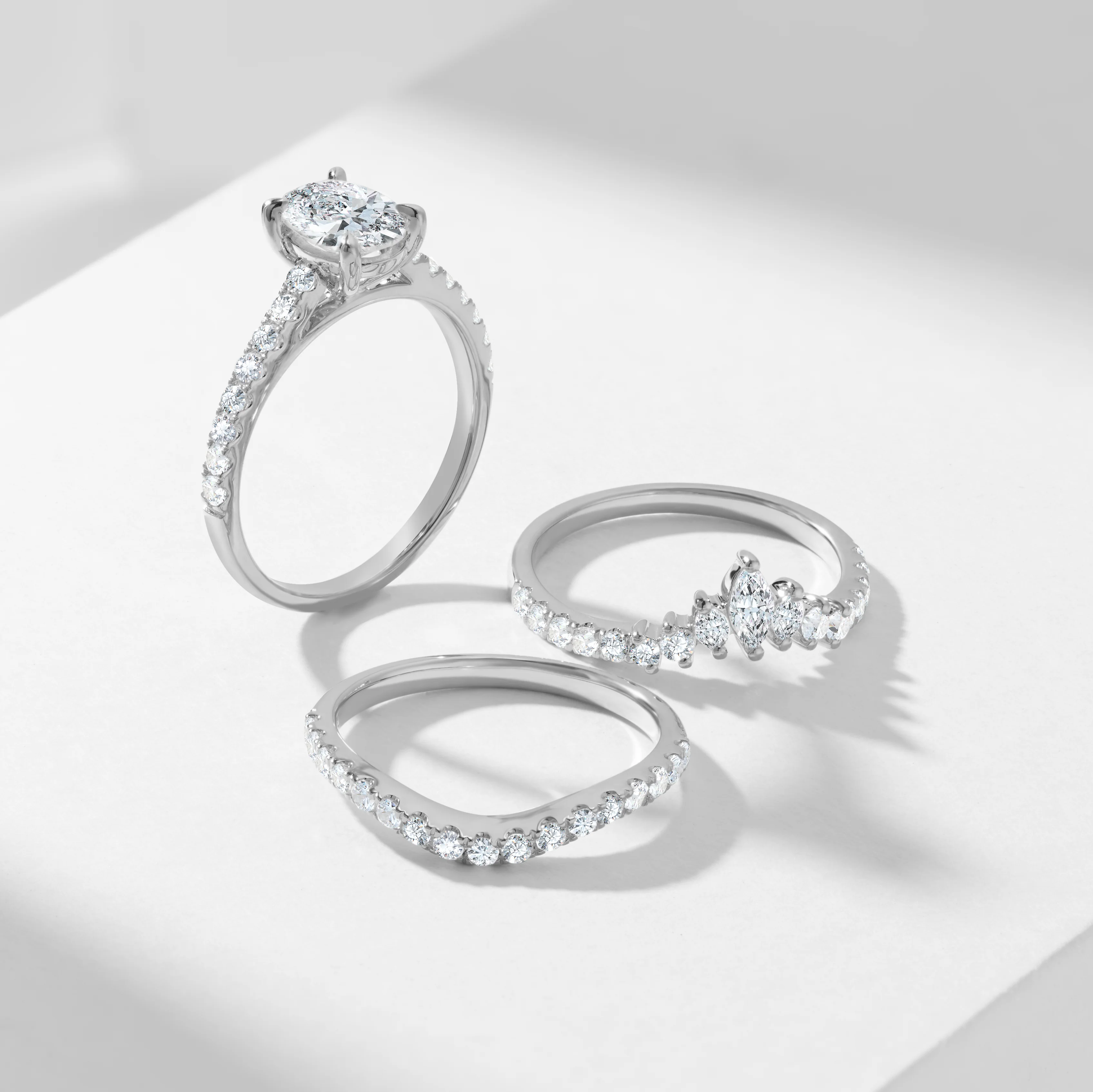 Platinum 1.25ct Oval Lab Diamond Centre With Marquise And Round Brilliant Contoured Wedding And Eternity Rings Bridal Set 2.0tdw - Image 4