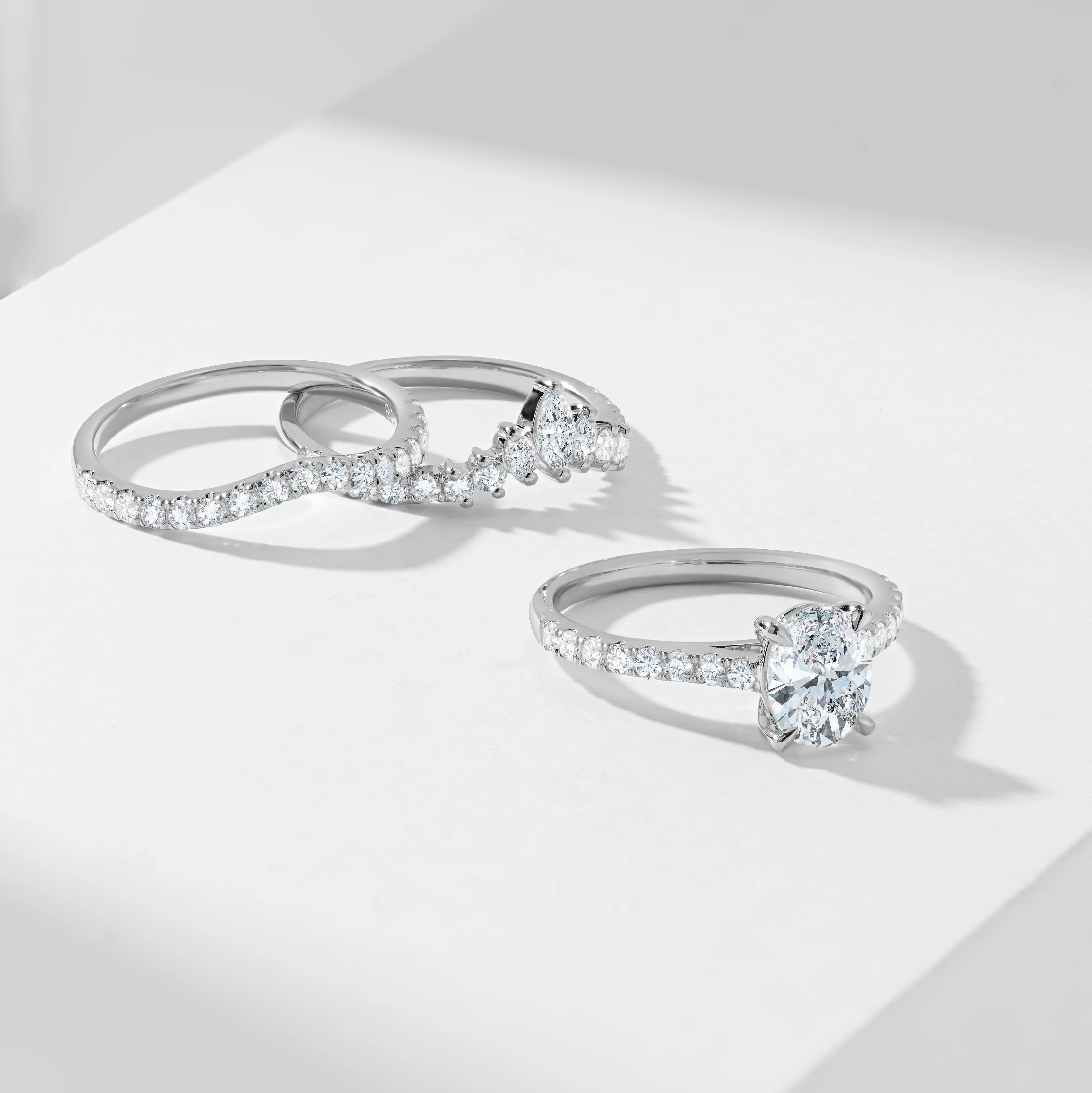 Platinum 1.25ct Oval Lab Diamond Centre With Marquise And Round Brilliant Contoured Wedding And Eternity Rings Bridal Set 2.0tdw - Image 5