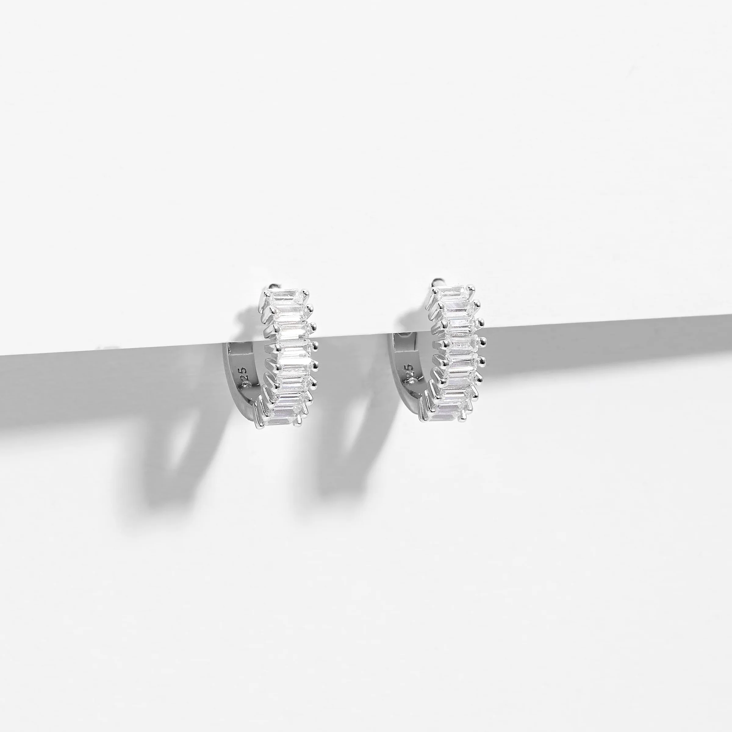 Sterling Silver Claw Set Baguette Zirconia Huggies 13mm - Image 2