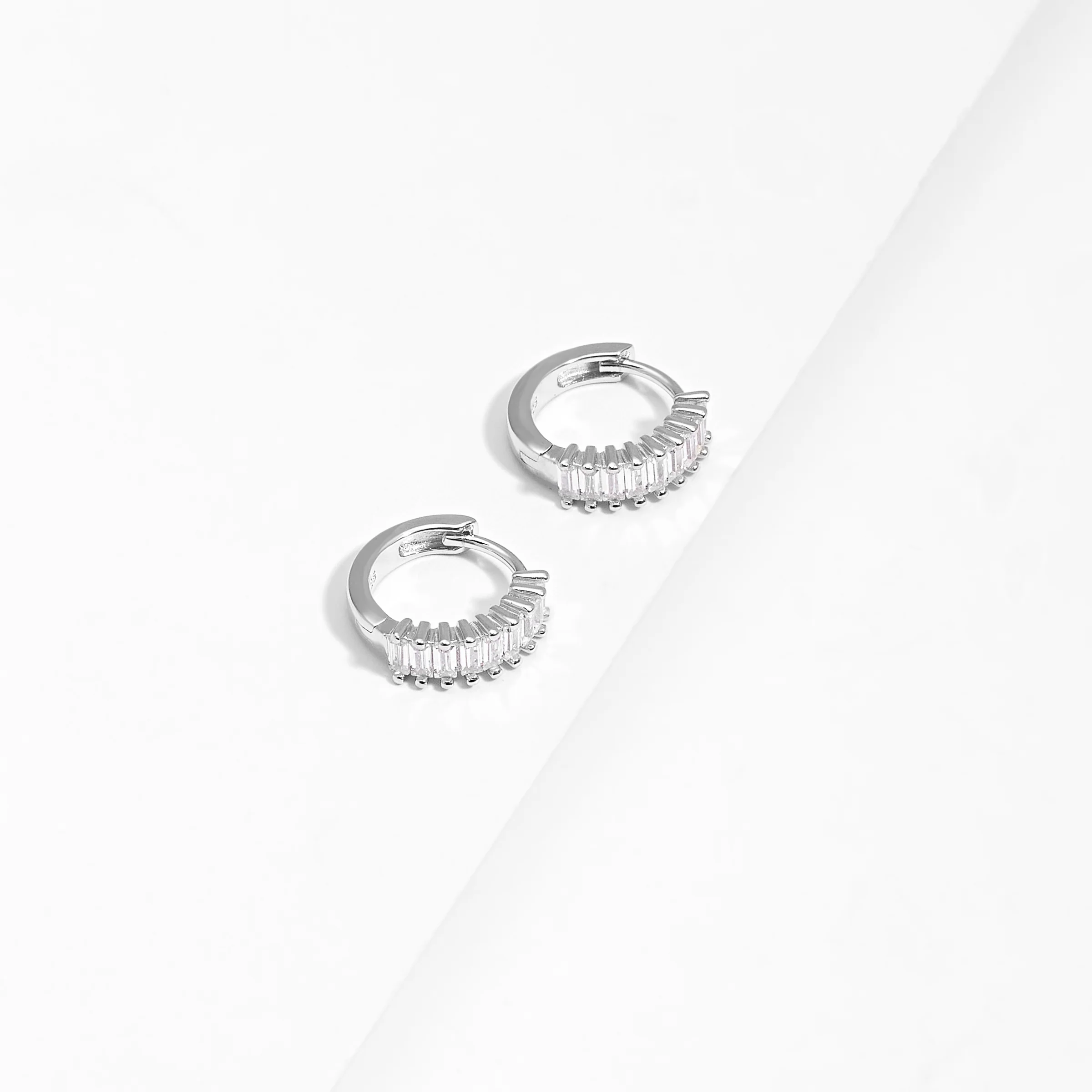 Sterling Silver Claw Set Baguette Zirconia Huggies 13mm - Image 3