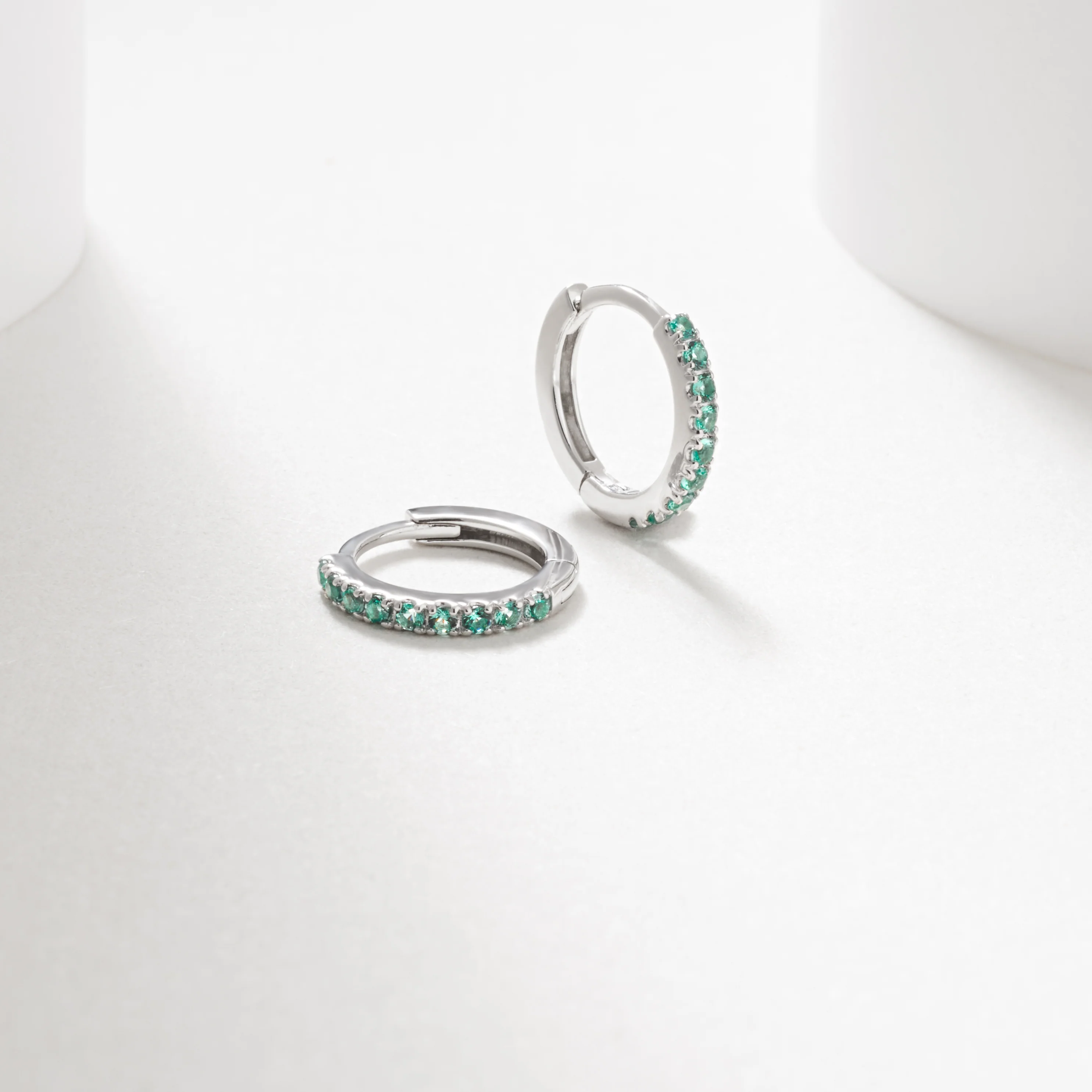 Silver Created Emerald Huggie Earrings - Image 2